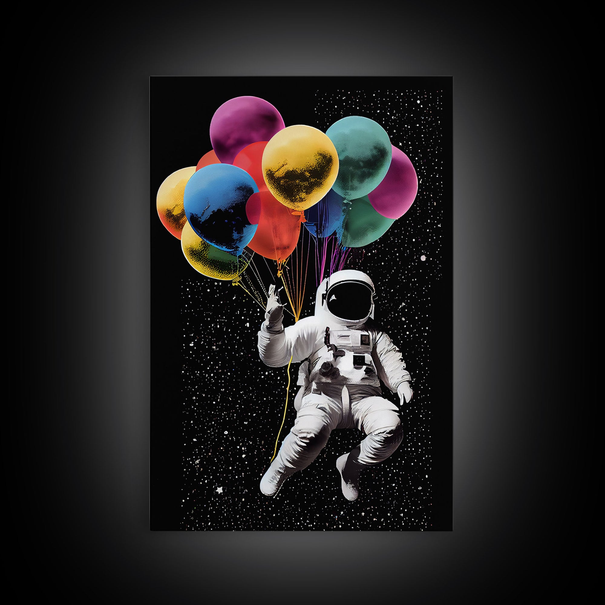 Urban Wall Art, Banksy Inspired, Astronaut Holding Colorful Balloons, Framed Canvas Print, Graffiti Art, Space Art