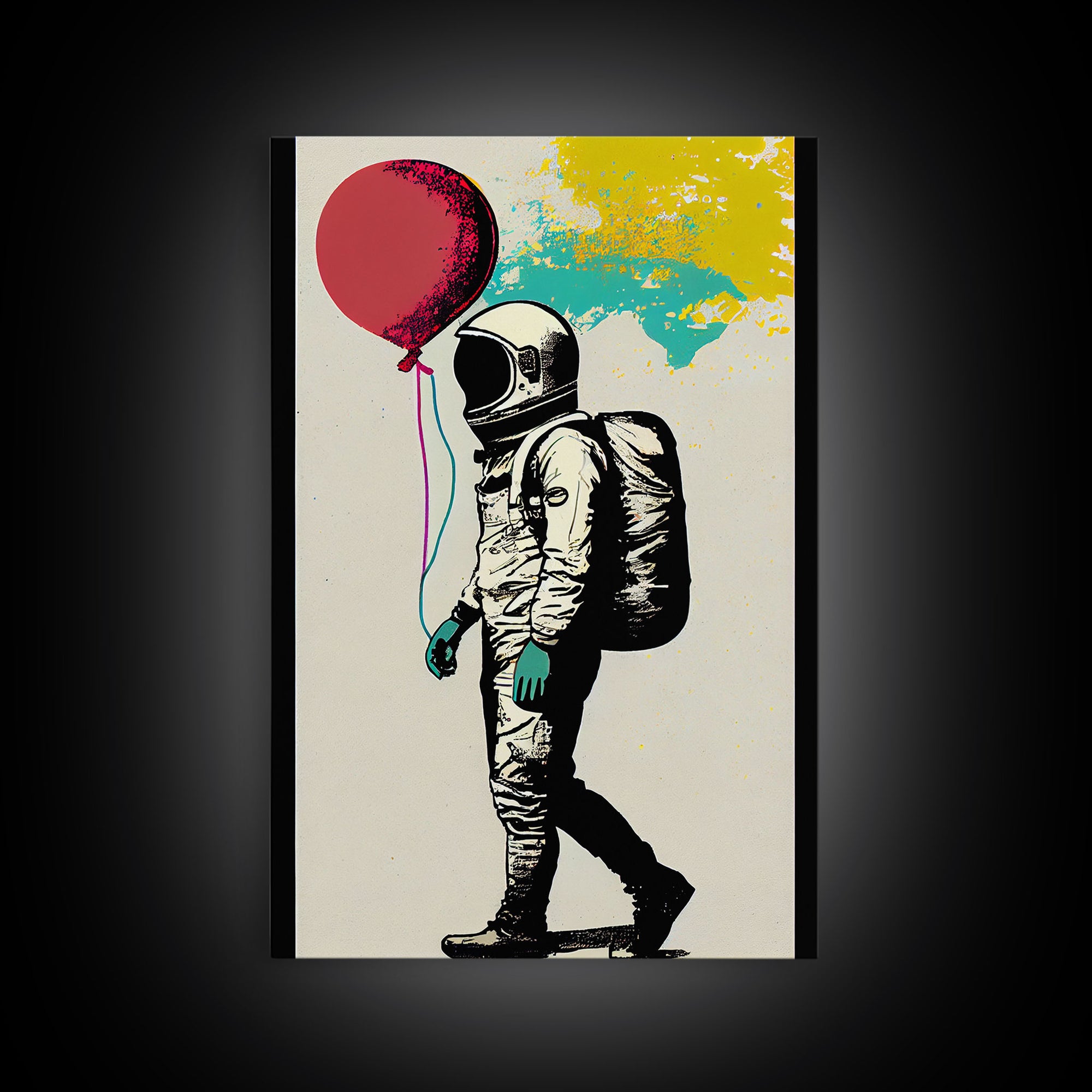 Urban Wall Art, Banksy Inspired, Astronaut Holding Colorful Balloons, Framed Canvas Print, Graffiti Art, Space Art