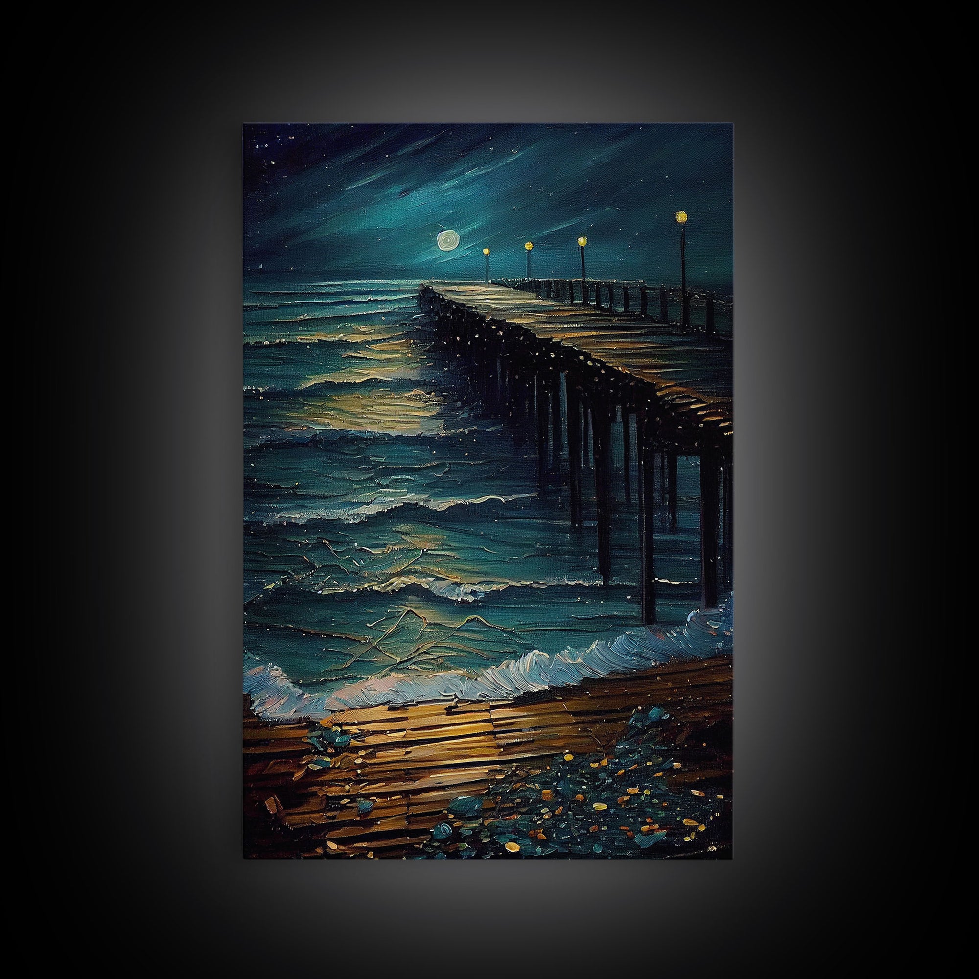 Van Gogh Starry Night Inspired, The Beach Boardwalk at Midnight, Framed Canvas Print, Unique Wall Art, Canvas Art, Living Room Decor