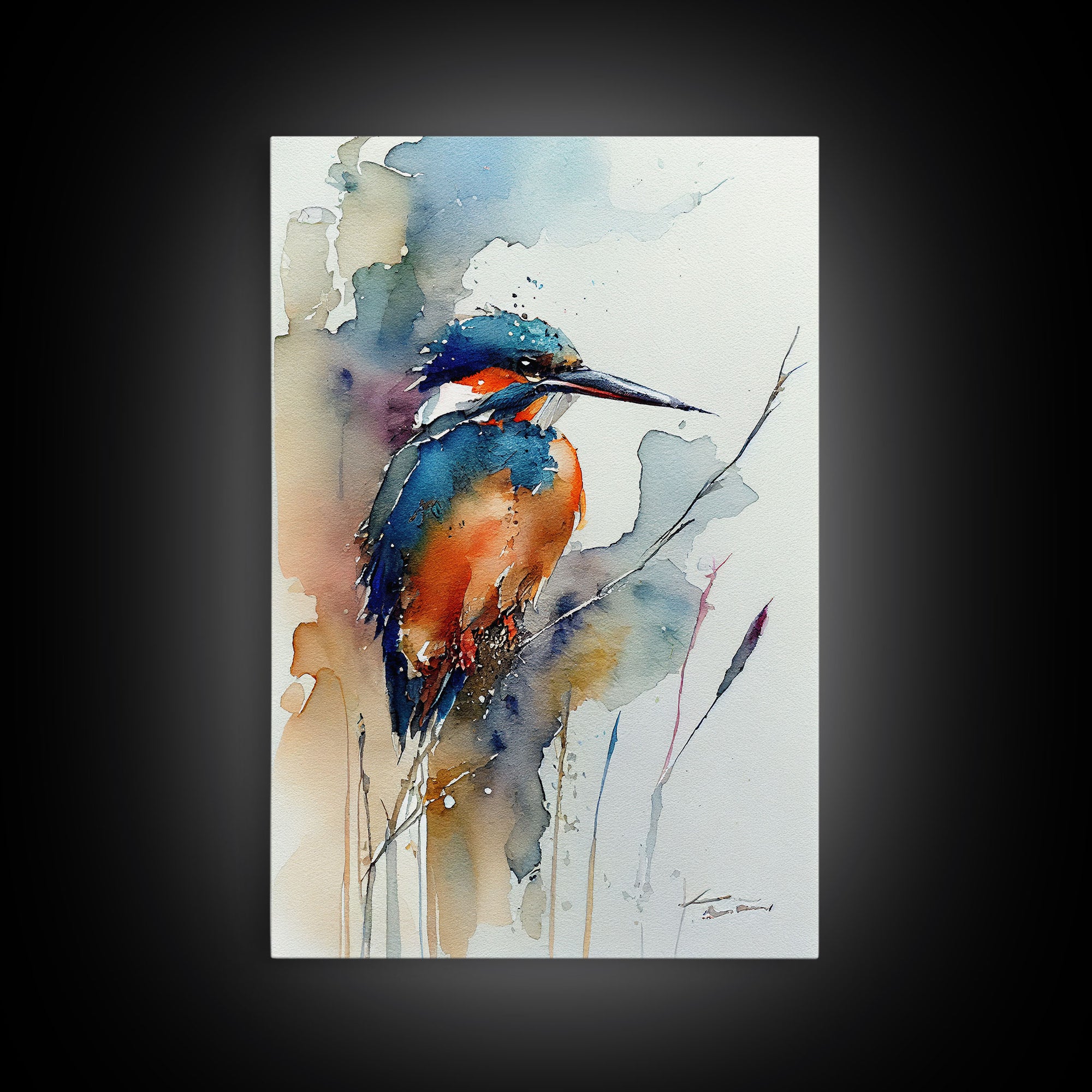 Watercolor of a Kingfisher, Framed Canvas Print, Bird Painting, Bird Watcher Art, Blue and Orange Kingfisher Watercolor Painting