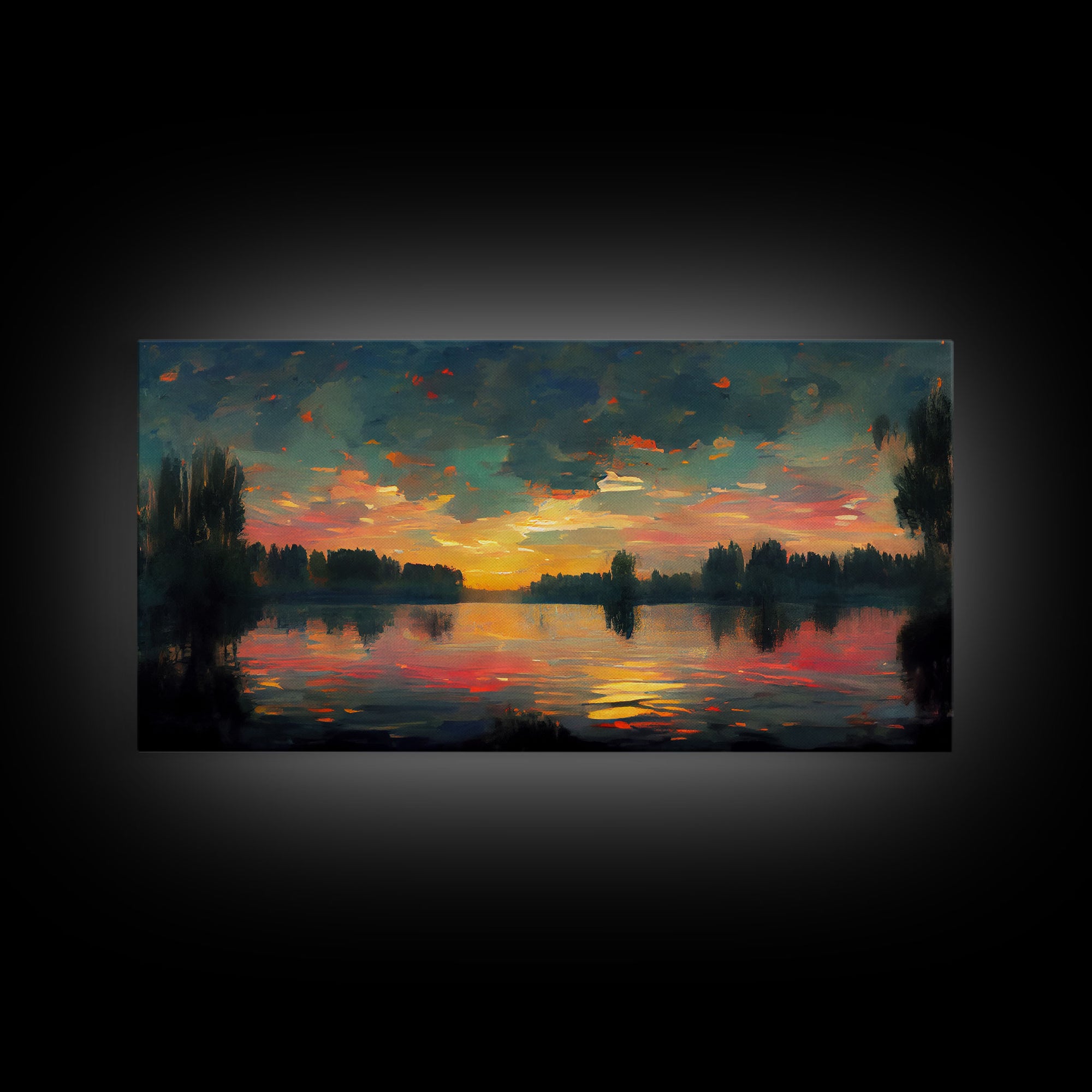 Lakehouse Canvas Print, watercolor painting of a sunset reflected on a lake