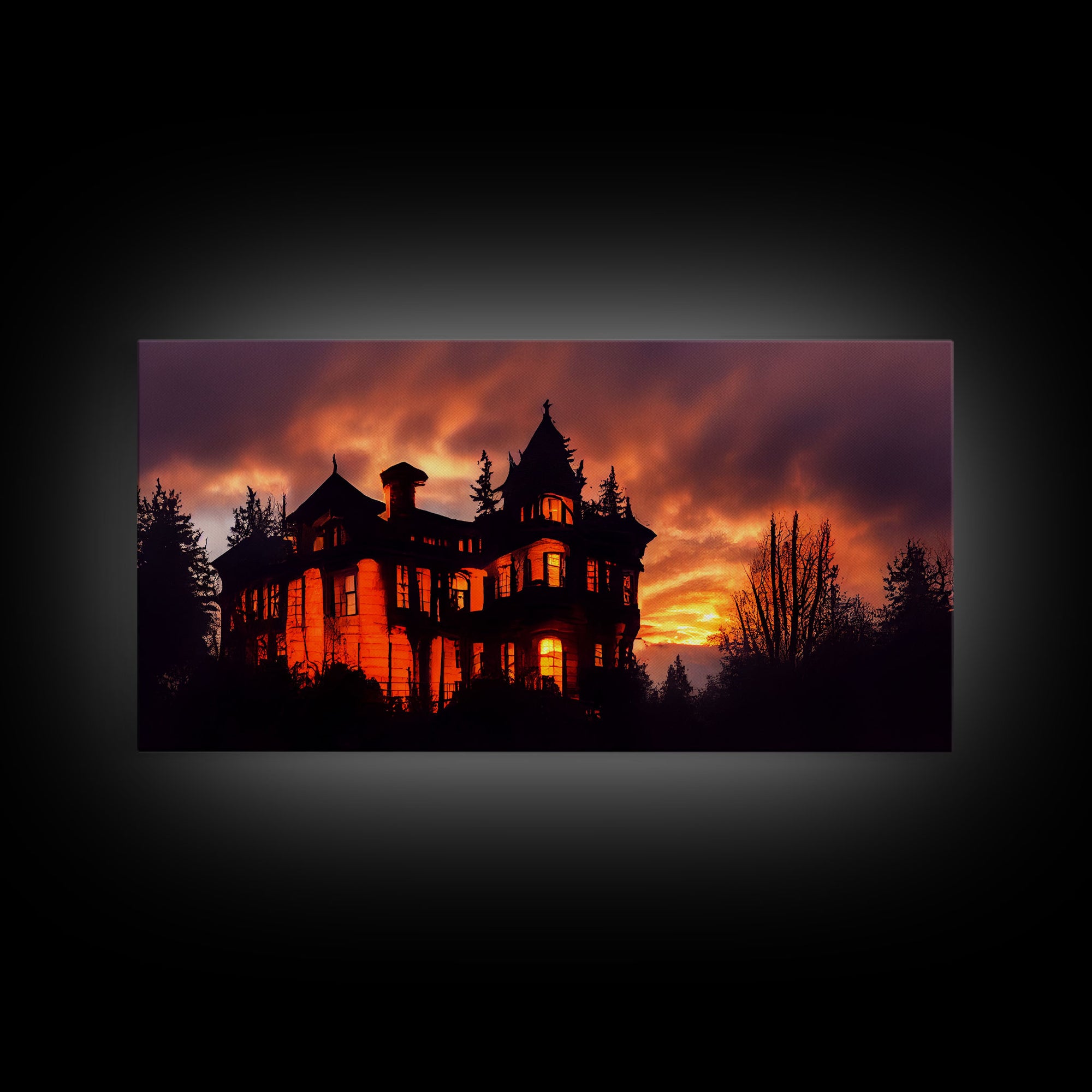 Spooky Halloween Wall Art, Haunted House Canvas Print, Ready to hang canvas, orange creepy house at night, Wall Decor