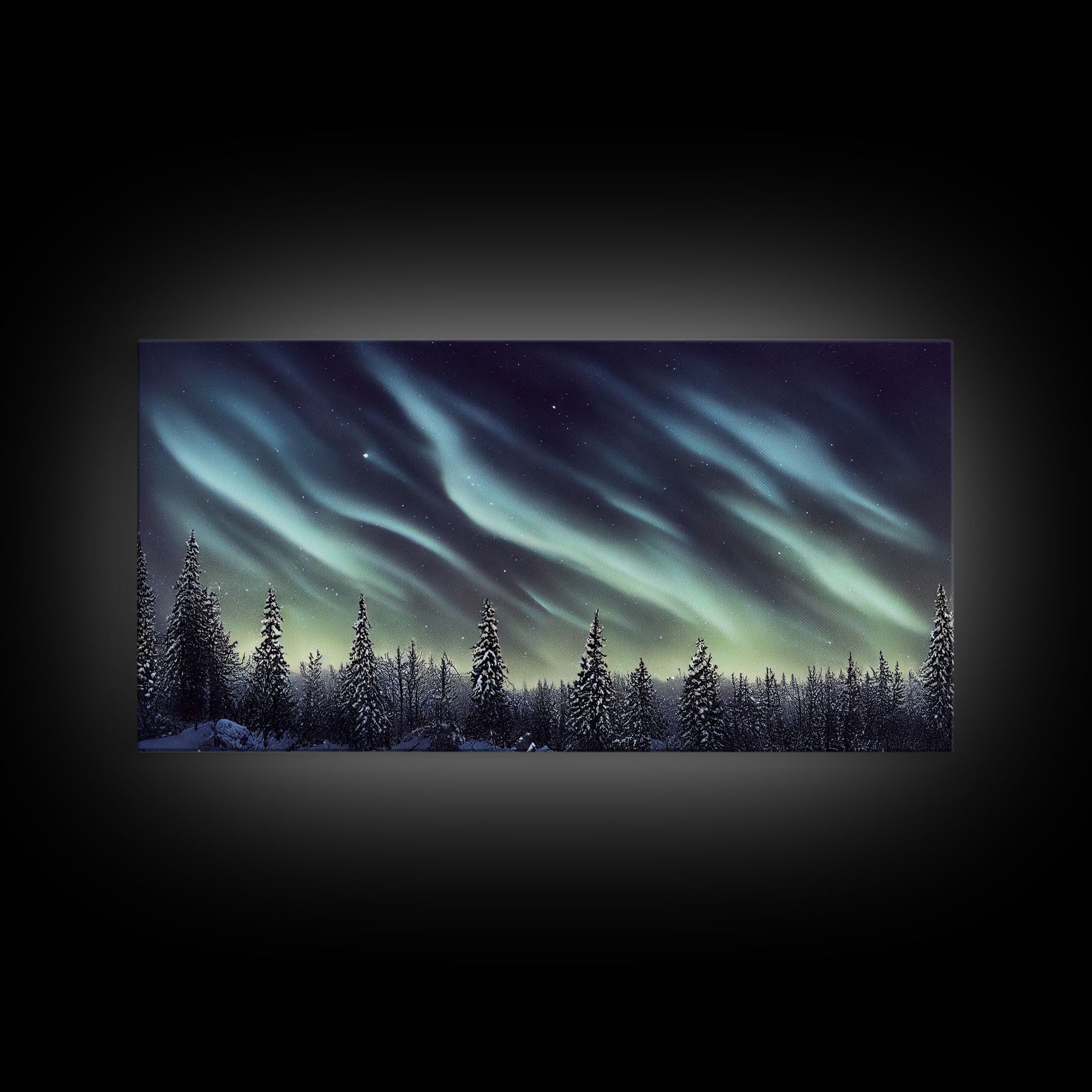 Aurora borealis over a snowy northern forest, canvas print, scenic winter landscape art, northern lights