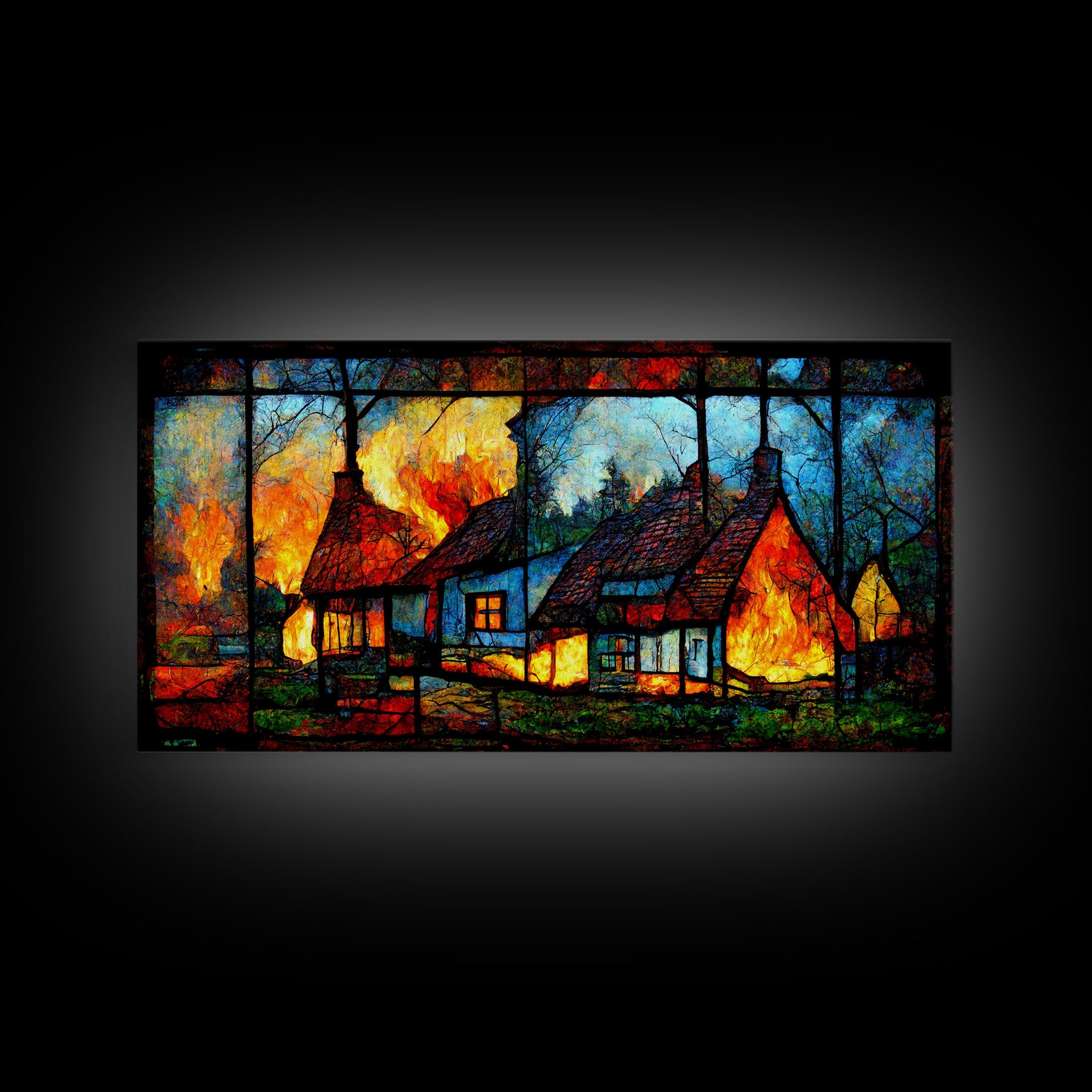 Stained Glass Cottage On Fire, Canvas print, negative art, house on fire depicted in stain glass, cool wall art