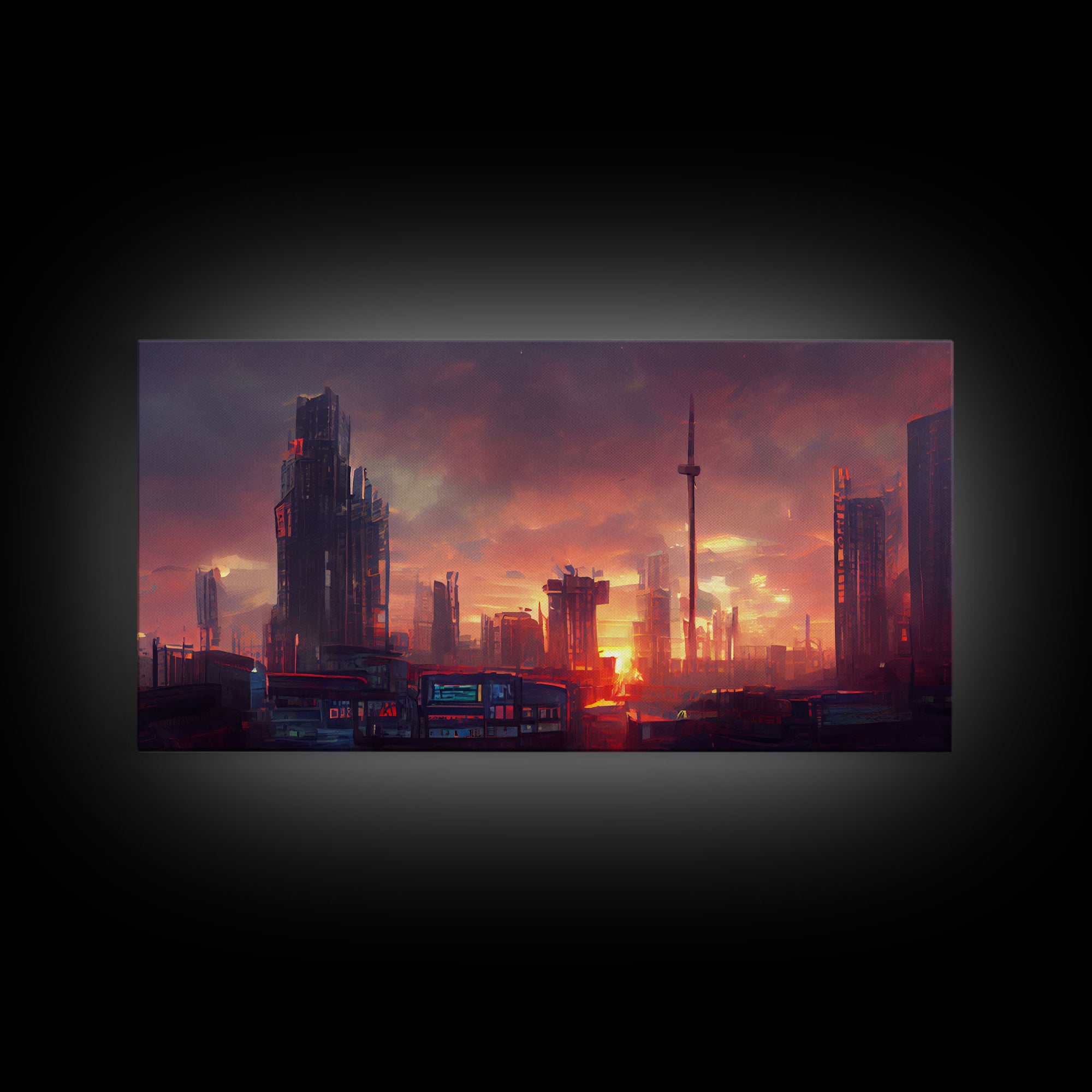 Watercolor of a cyberpunk city, canvas print, dystopian urban landscape at sunset, synthwave style