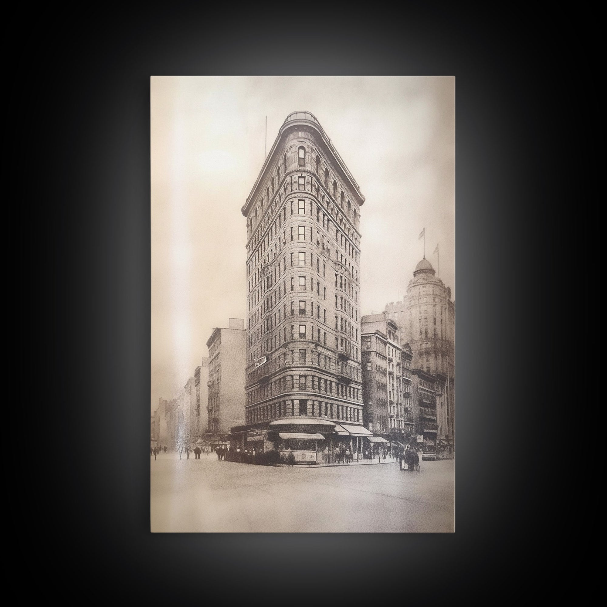 NYC Flat Iron, New York City Art, Framed Canvas Print, Charcoal Drawing, Original Art, Wall Decor, Black And White Art