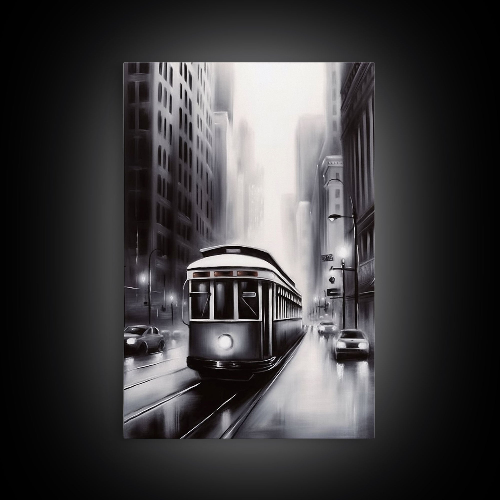 Brooklyn Street Car Trolley, Framed Canvas Print, Retro Charcoal Drawing of NYC in The Rain