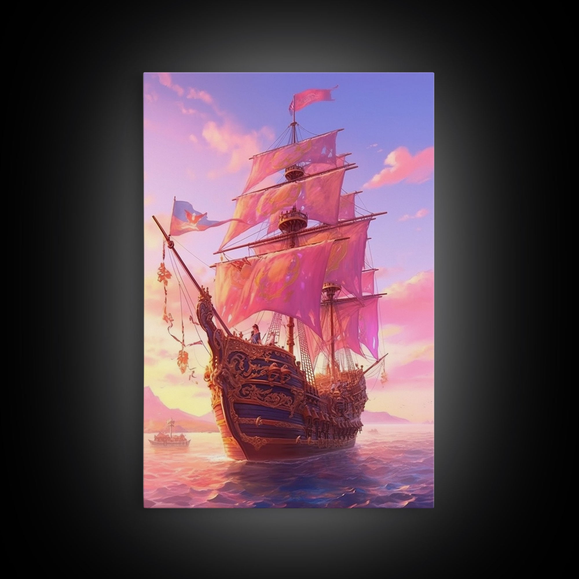 Gothic Pirate Ship at Sunset, Framed Canvas Print, Fantasy Wall Art, Wall Decor, Pirate Wal Art, Gift For Him, Kid's Room Art