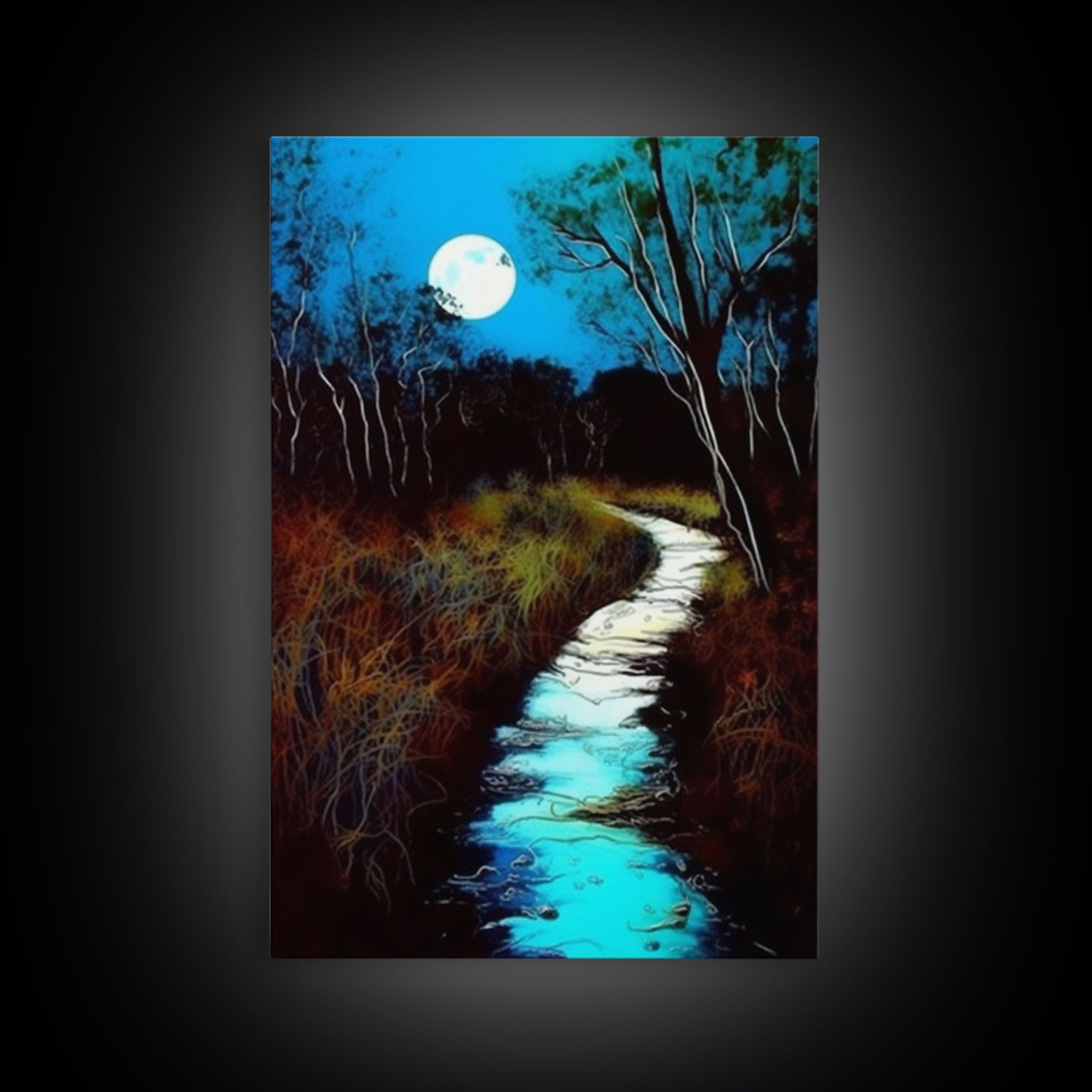 Spooky Art, Full Moon Over a Calm Stream At Night, Framed Canvas Print, Nature / Landscape Painting