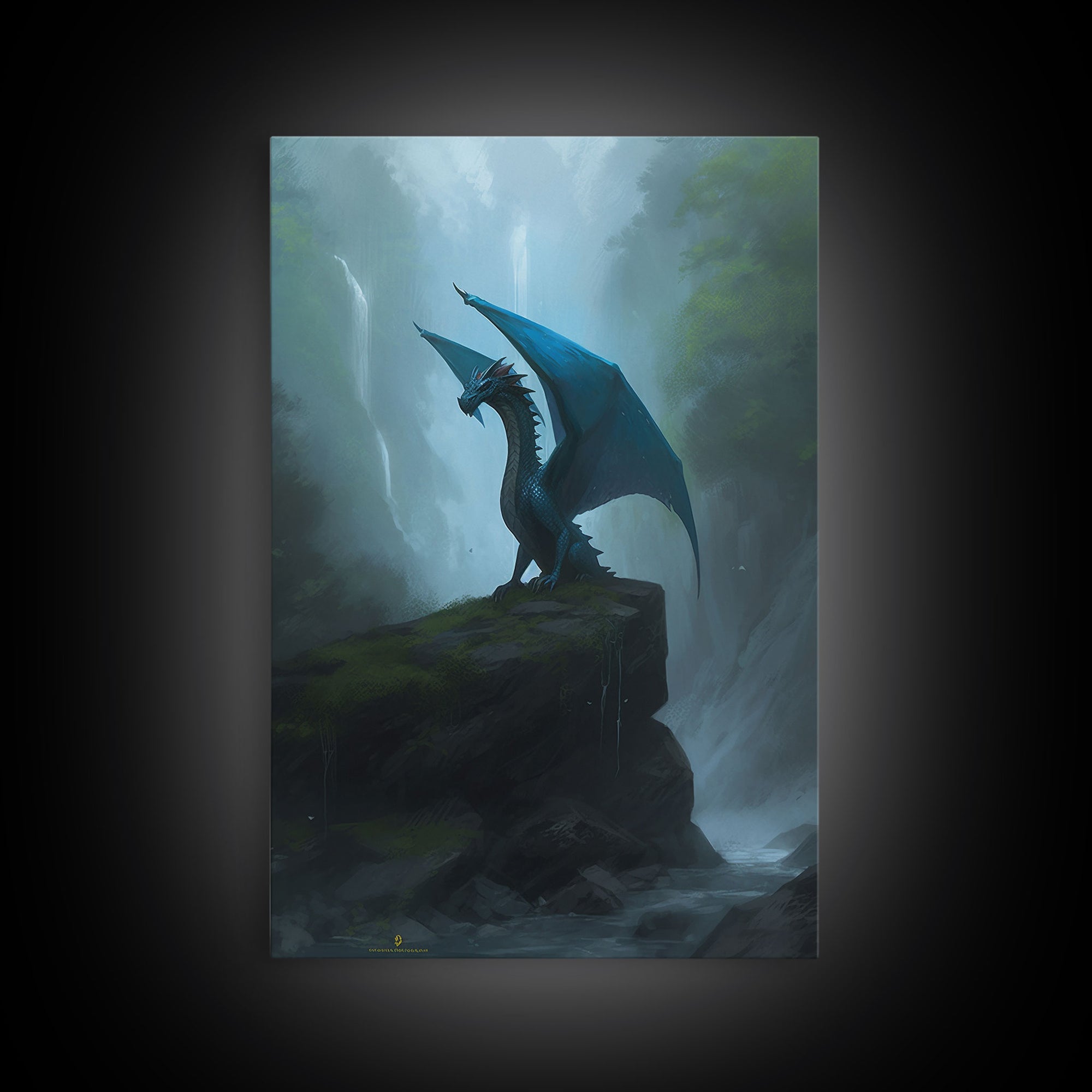 Majestic Forest Dragon Wall Art, Framed Canvas Print, Dragon Fantasy Painting, Forest Dragon Behind Secret Waterfalls Abstract Fantasy Art