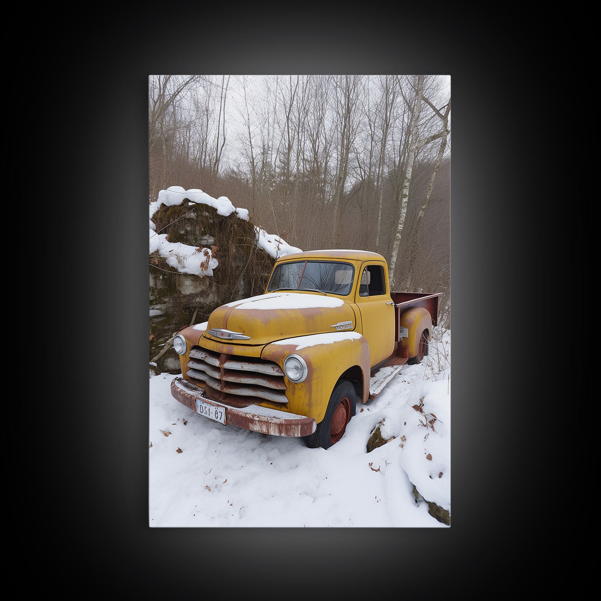 Vintage Snow Covered Chevy Truck, 1950s Truck, Framed Canvas Print, Rusty Truck Photography