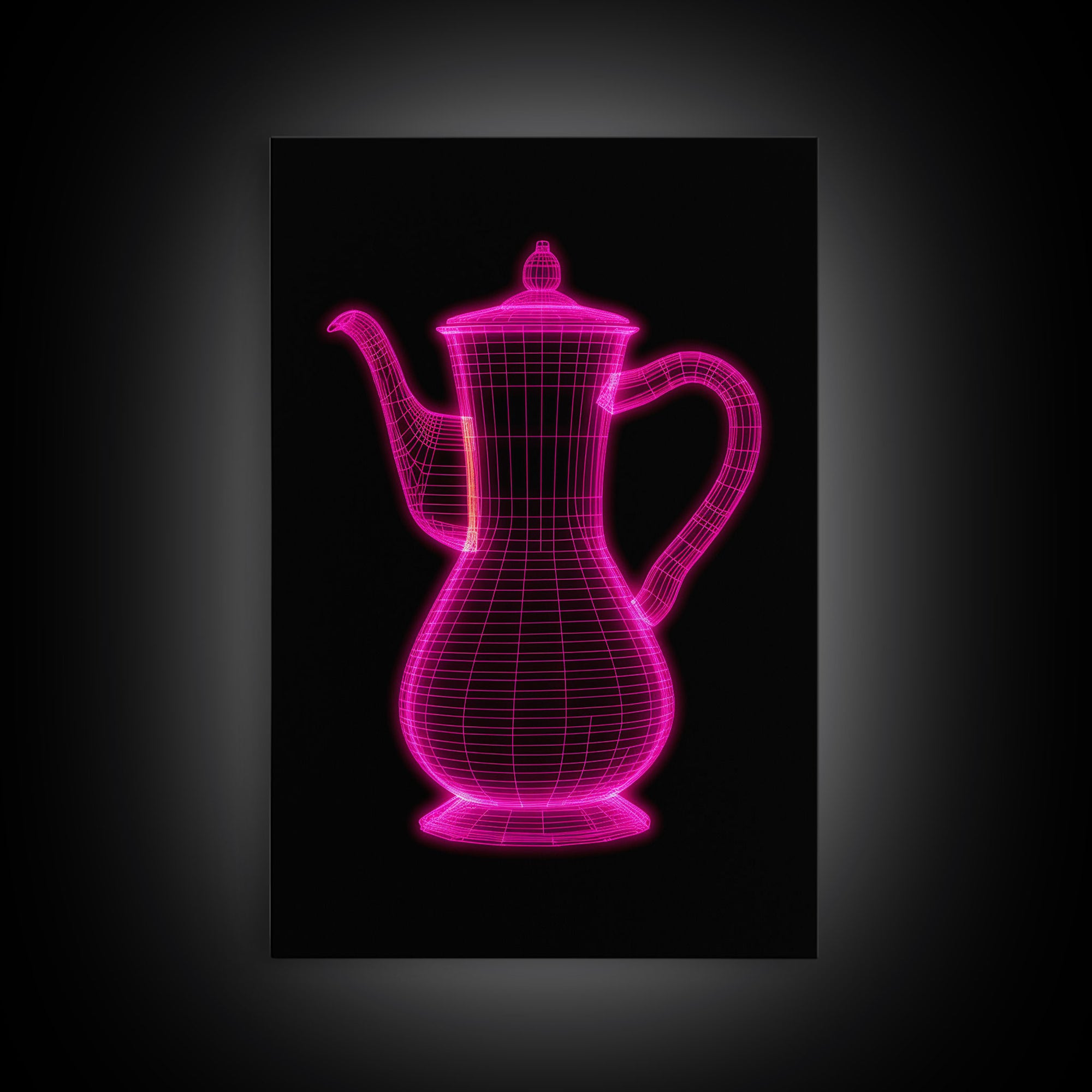 Pink 3D Cofee Pot Wall Art, Kitchen Wall Decor, 3D Art, Neon Lights, Minimalist Print, Wall Decor, Canvas Print, Wall Art, Framed Canvas