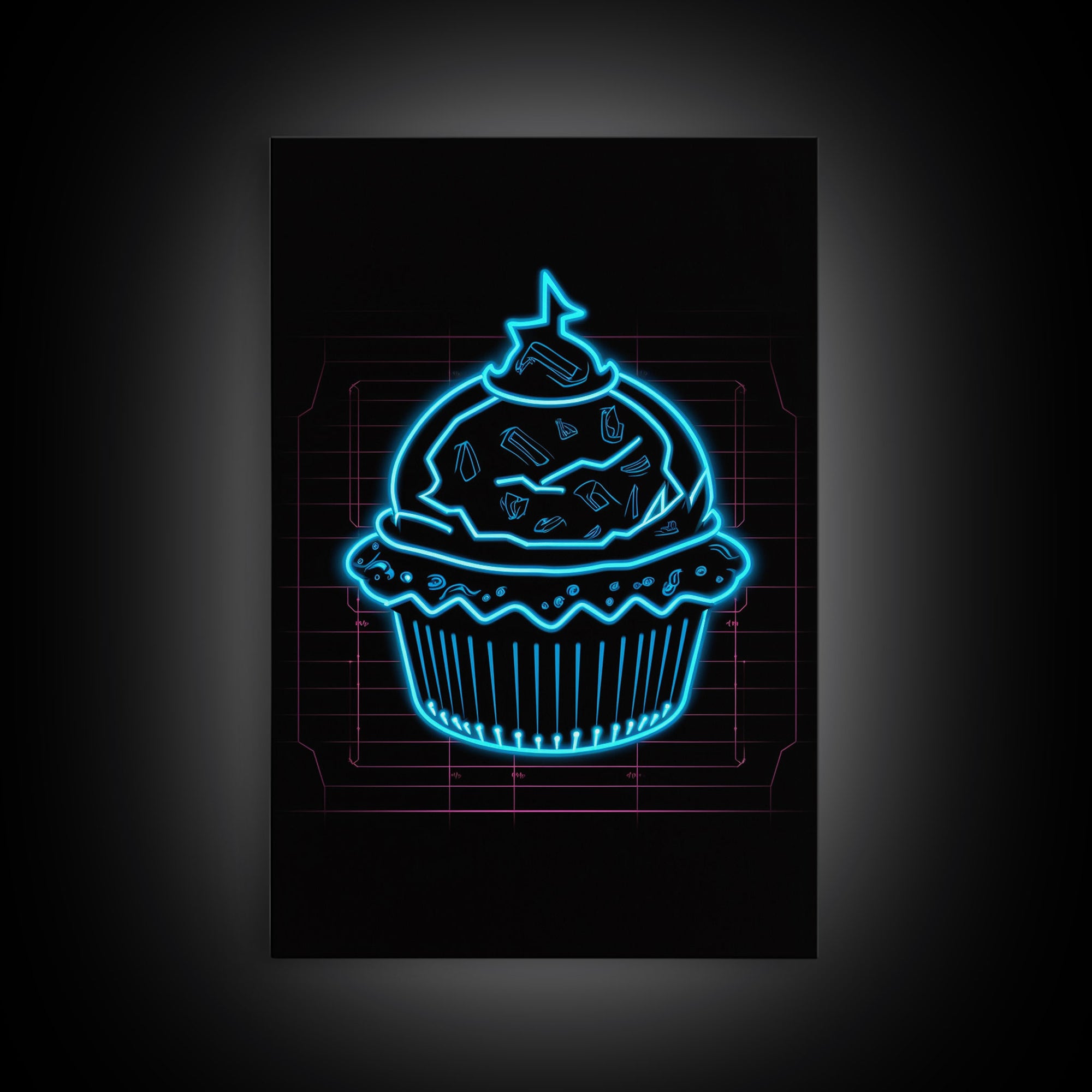 Teal Neon Lights Cupcake Wall Decor, Kitchen Wall Art, Glowing Art, Minimalist Print, Wall Decor, Canvas Print, Wall Art, Framed Canvas