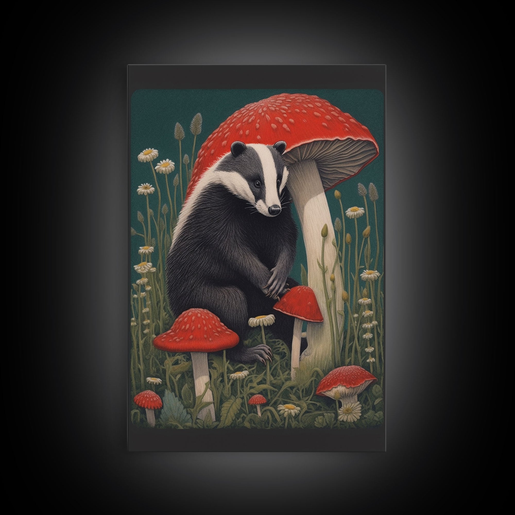 Badger Wall Decor, Cute Badger, Mushrooms Wall Decor, Animal Wall Art, Wall Decor, Canvas Print, Wall Art, Framed Canvas