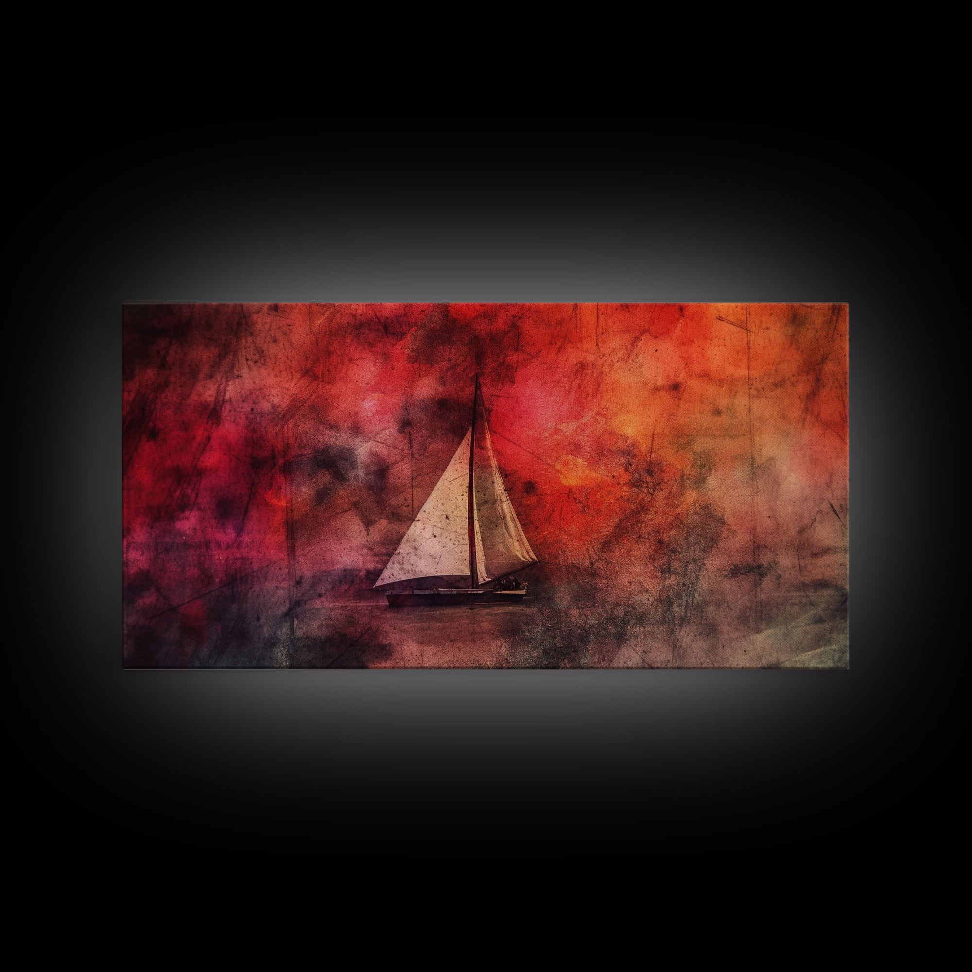 Abstract Sailboat Wall Decor, Ocean Wall Art, Boat Wall Art, Red Wall Decor, Panoramic Wall Decor, Canvas Print, Wall Art, Framed Canvas Art