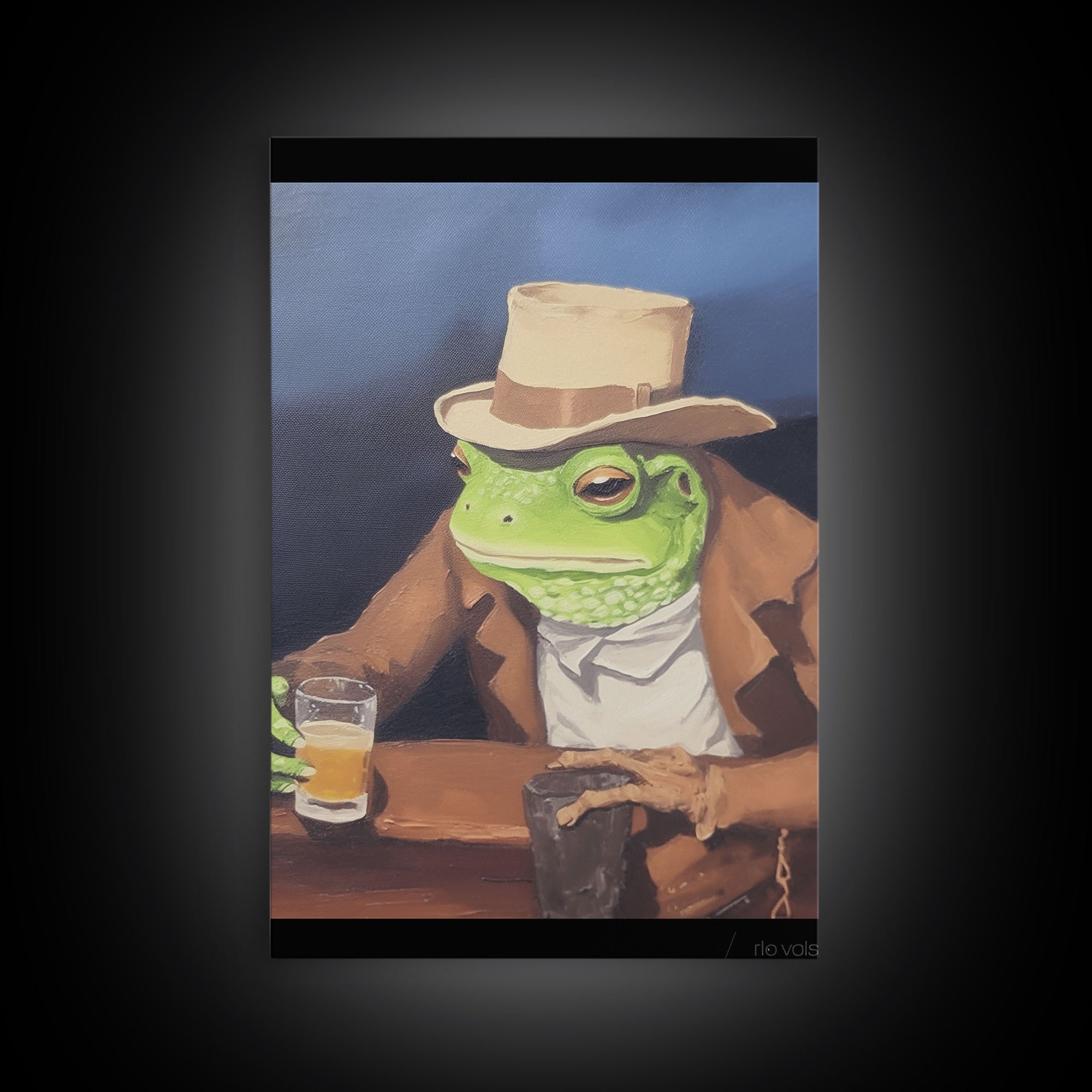 Sad Cowboy Frog Havin' a Beer, Cowboy Frog Framed Canvas Print