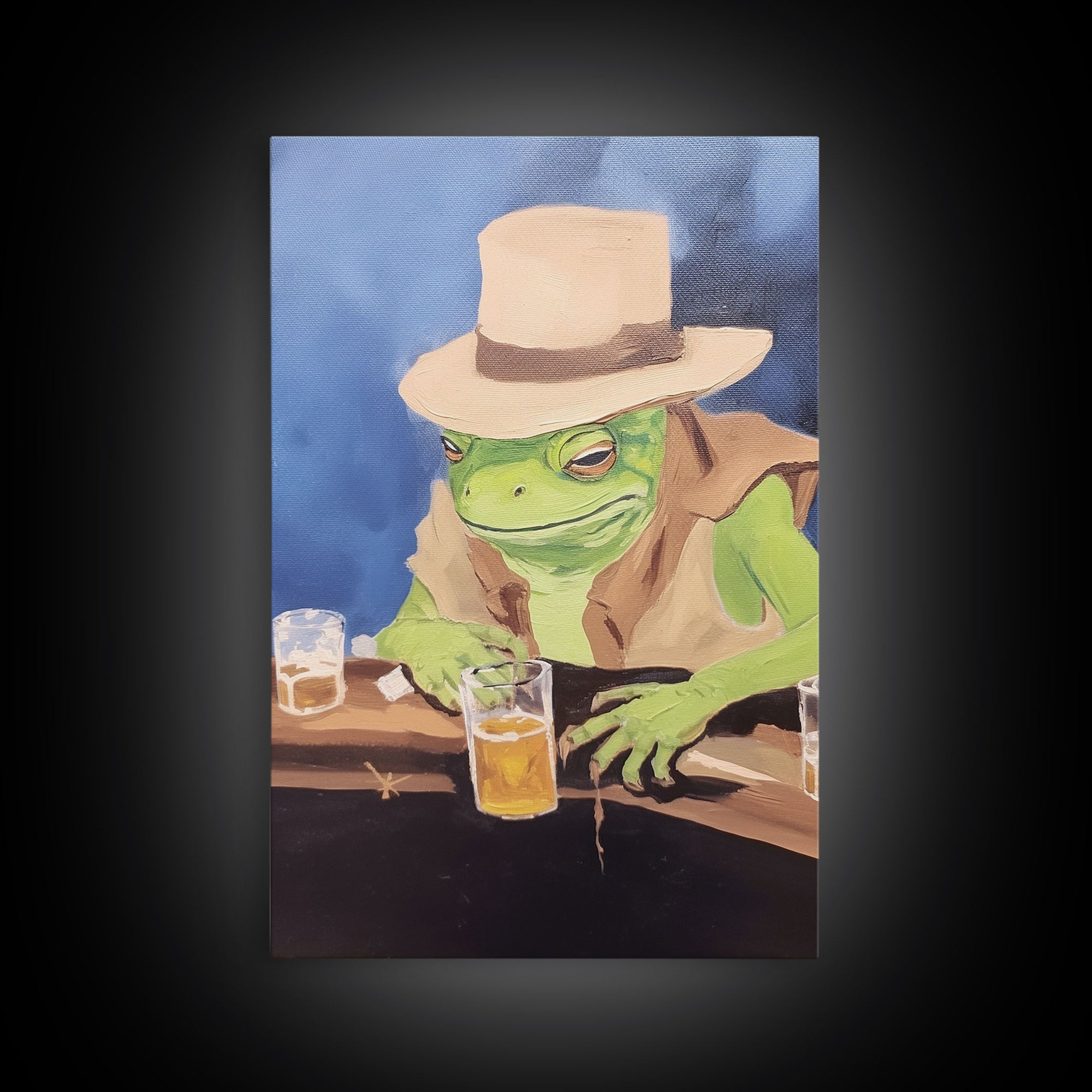 Sad Cowboy Frog Havin' a Beer, Cowboy Frog Framed Canvas Print