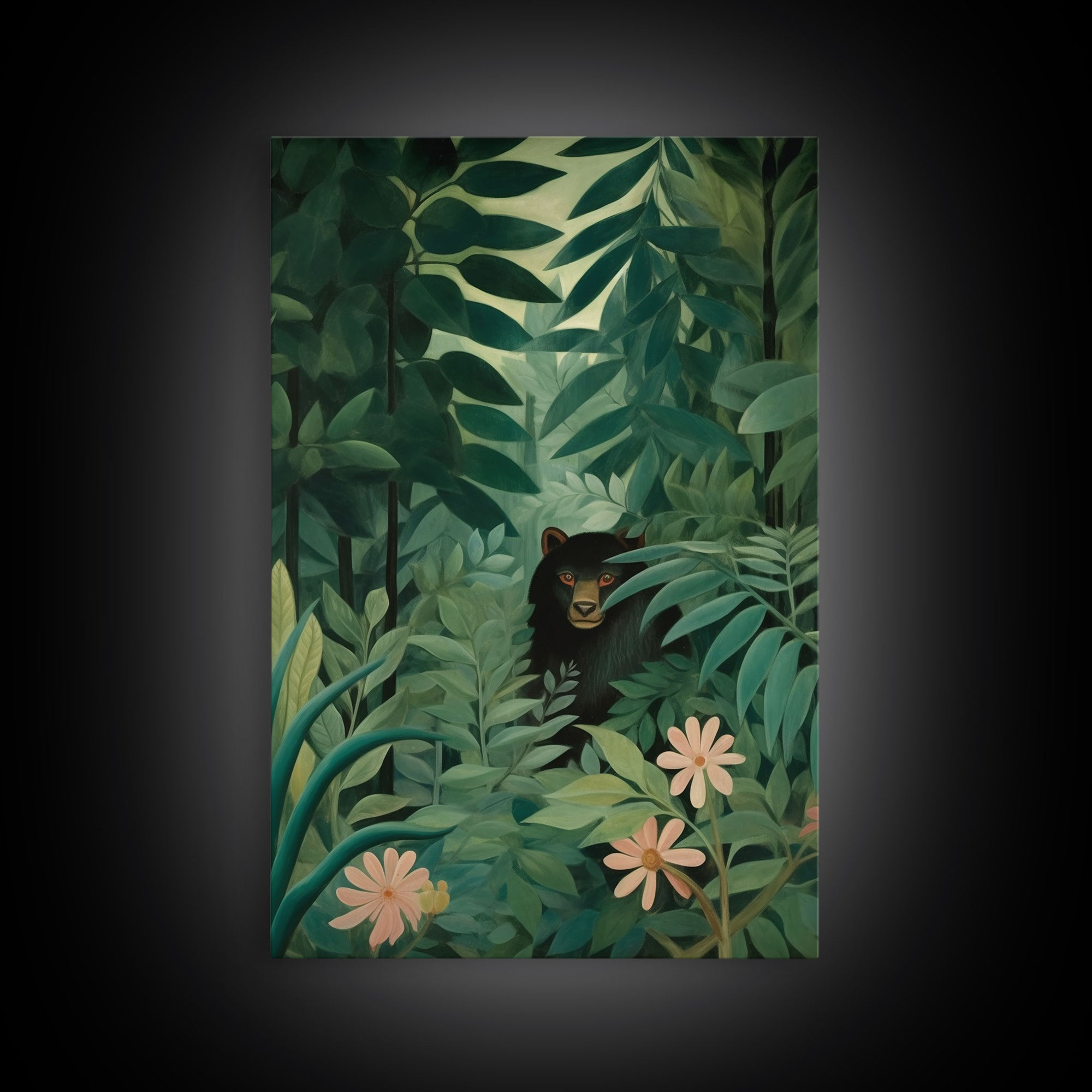 Rousseau Inspired Botanical Print, Framed Canvas Art, Bear Hiding In The Jungle, Dark Green Wall Art, Emerald Green Wall Art, Poster Print