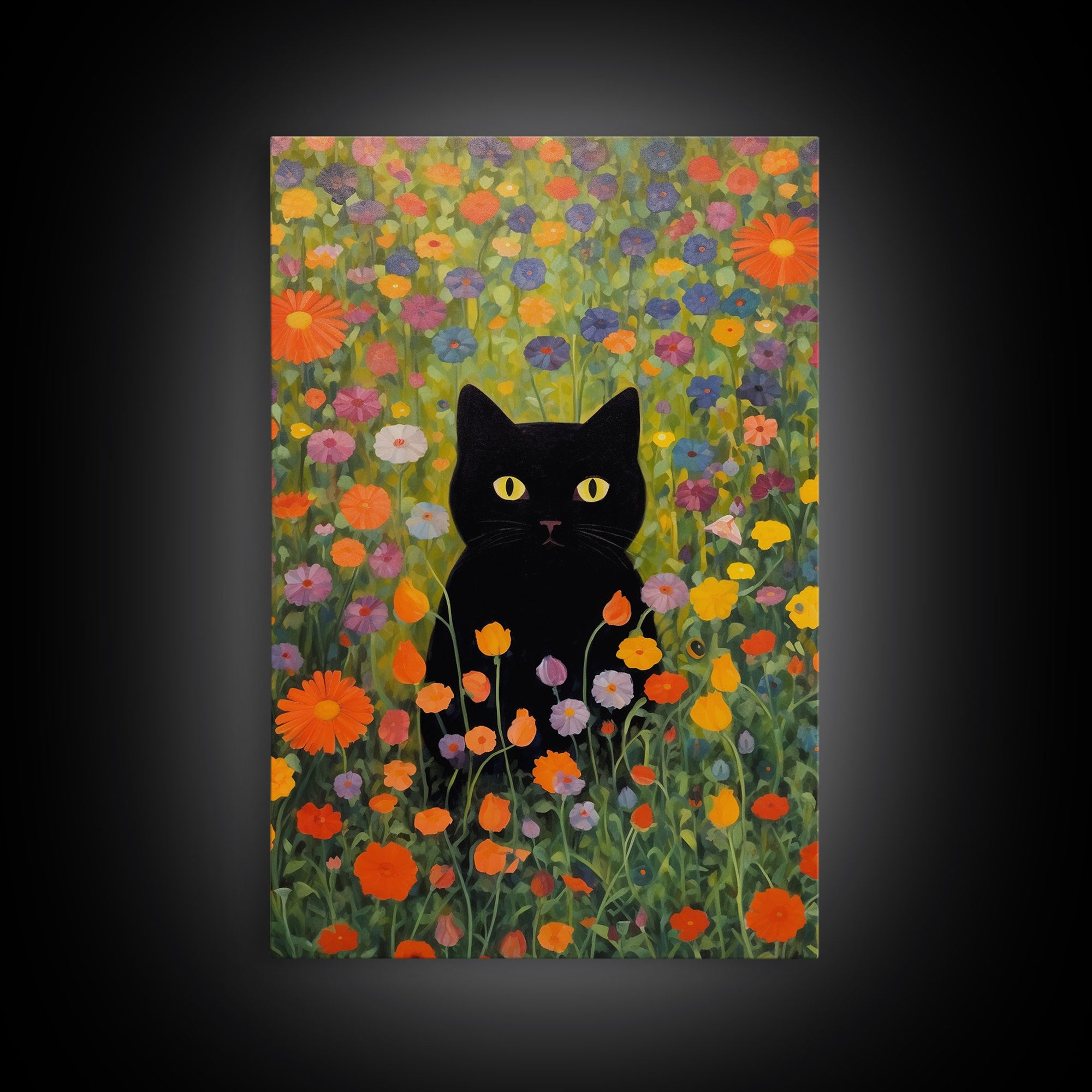 Gustav Klimt Inspired Garden Cat, Funny Black Cat Art, Framed Canvas Print, Fine Art Poster, Cute Cat Art, Funny Gift, Funny Cat Prints