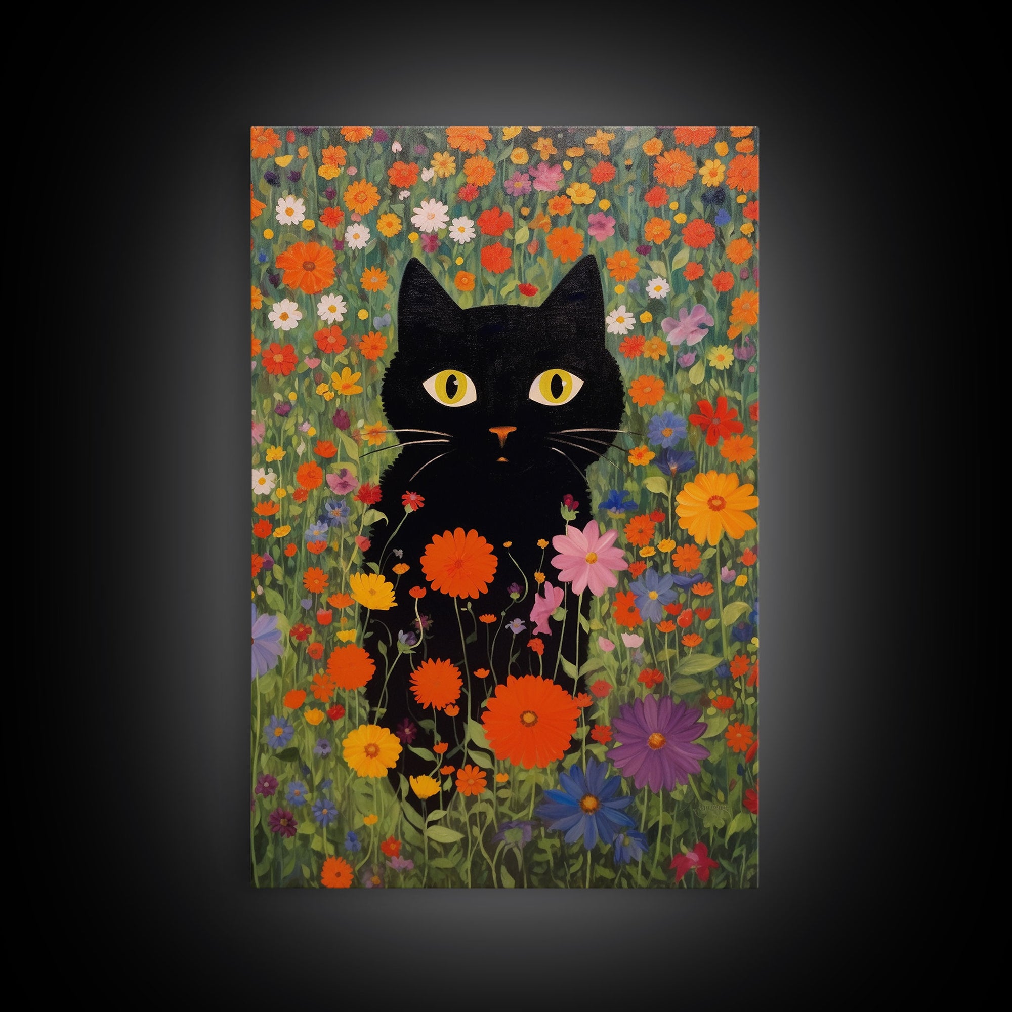 Gustav Klimt Inspired Garden Cat, Funny Black Cat Art, Framed Canvas Print, Fine Art Poster, Cute Cat Art, Funny Gift, Funny Cat Prints