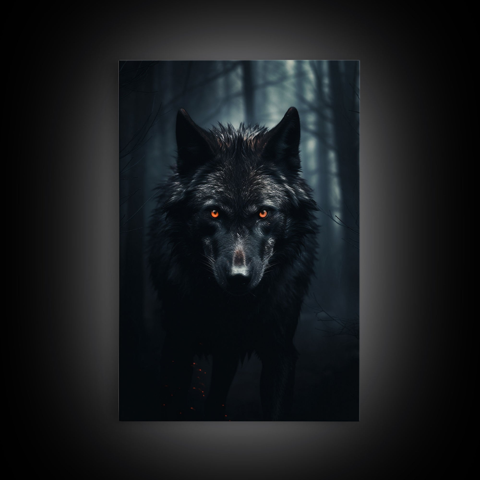 Red Eyed Wolf Print, Black Wolf On The Hunt, Framed Canvas Art