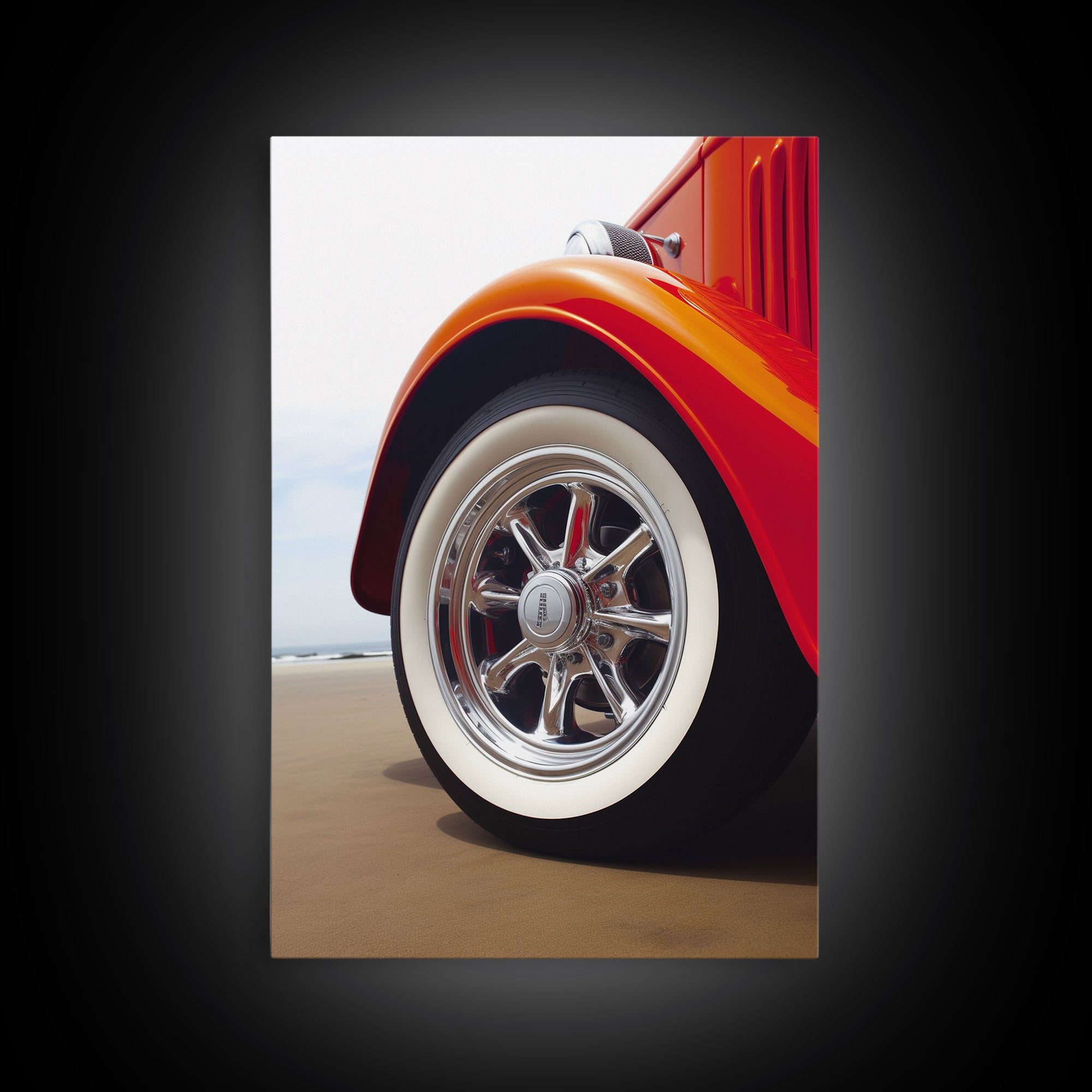 Hot Rod Art, Hot Rot Photography Print, Framed Canvas or Poster, Close Up Shot Of 1930s Hot Rod Chrome Rims, Orange Hot Rod, Gift For Him