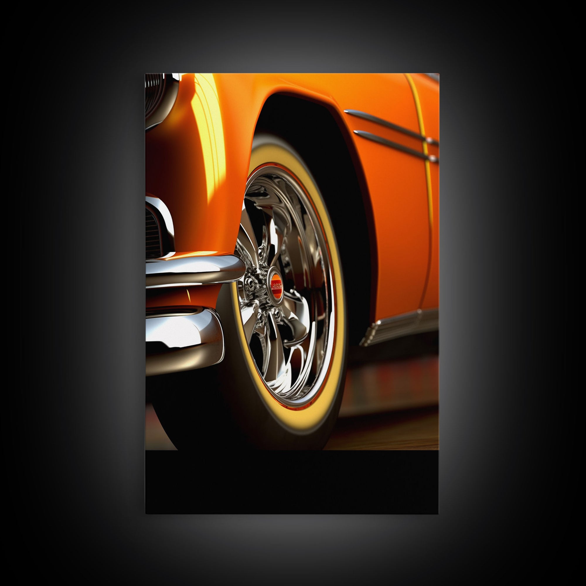 Hot Rod Art, Hot Rot Photography Print, Framed Canvas or Poster, Close Up Shot Of 1950s Hot Rod Chrome Rims, Orange Hot Rod, Gift For Him