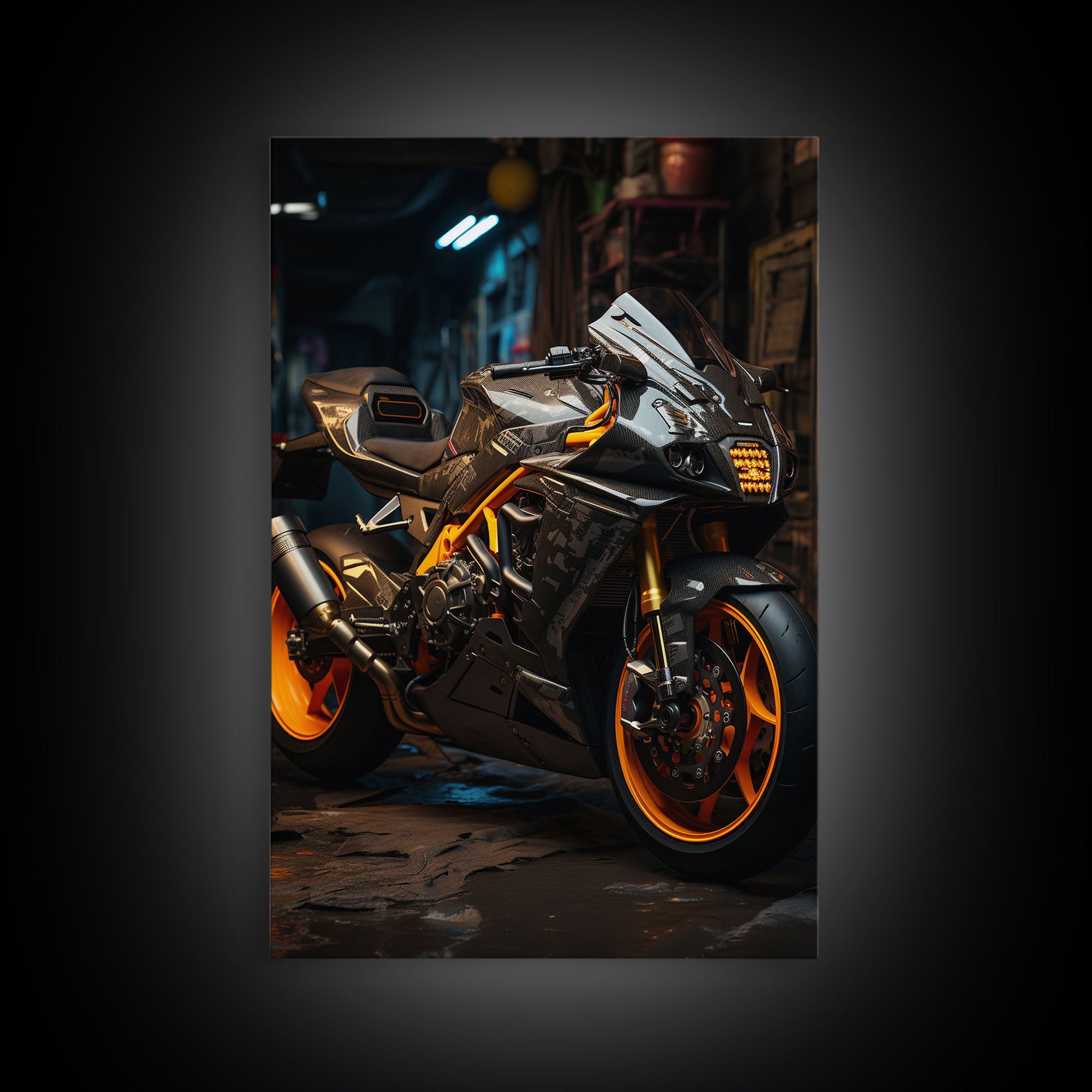 Sport Bike Wall Art, Framed Canvas Print, Futuristic Cyberpunk Motorcycle Wall Art