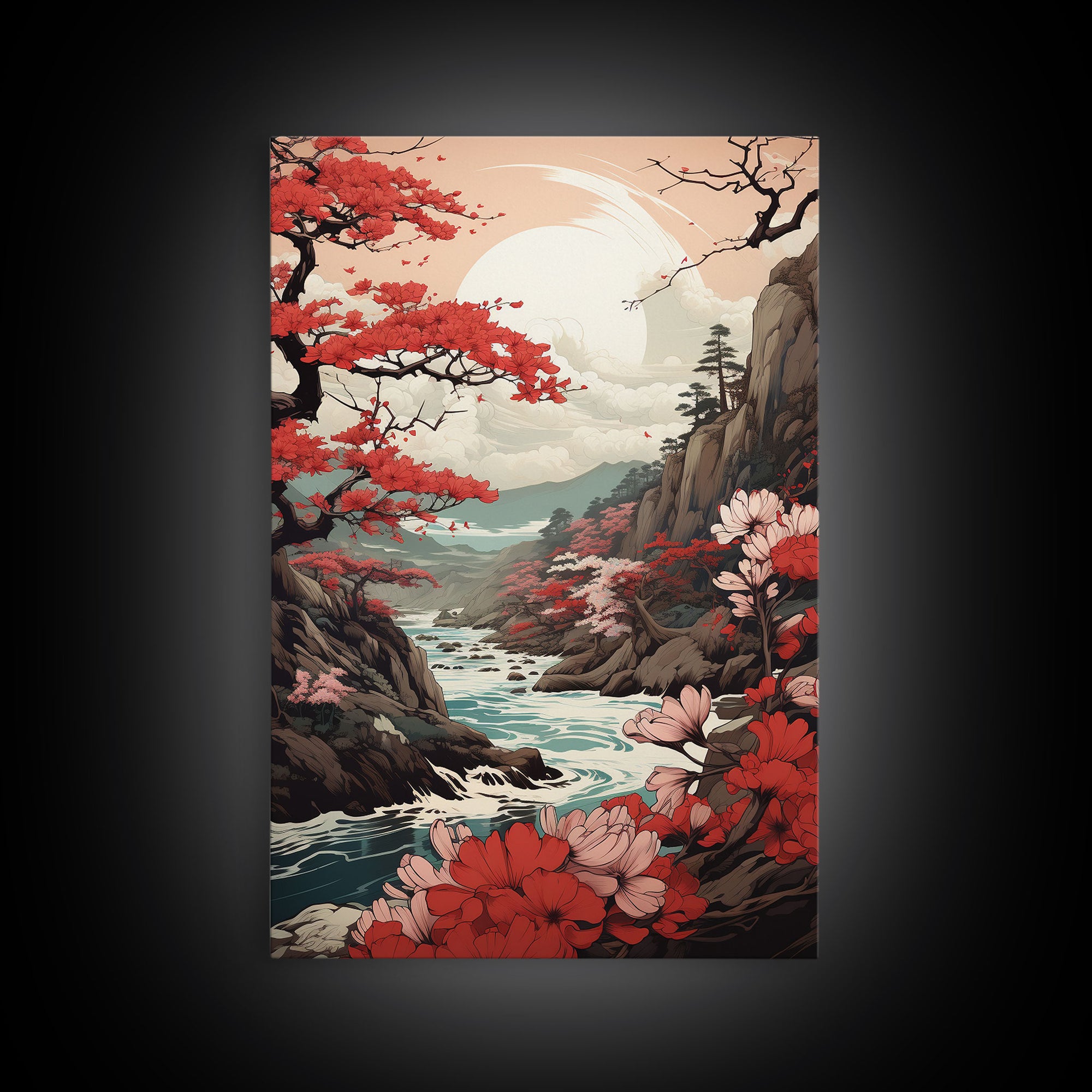 Japanese Wall Art, Japanese Maple Tree, Framed Canvas Print, Japanese Art, Japanese Hanging Wall Art, Red Maples Above A Calm Stream