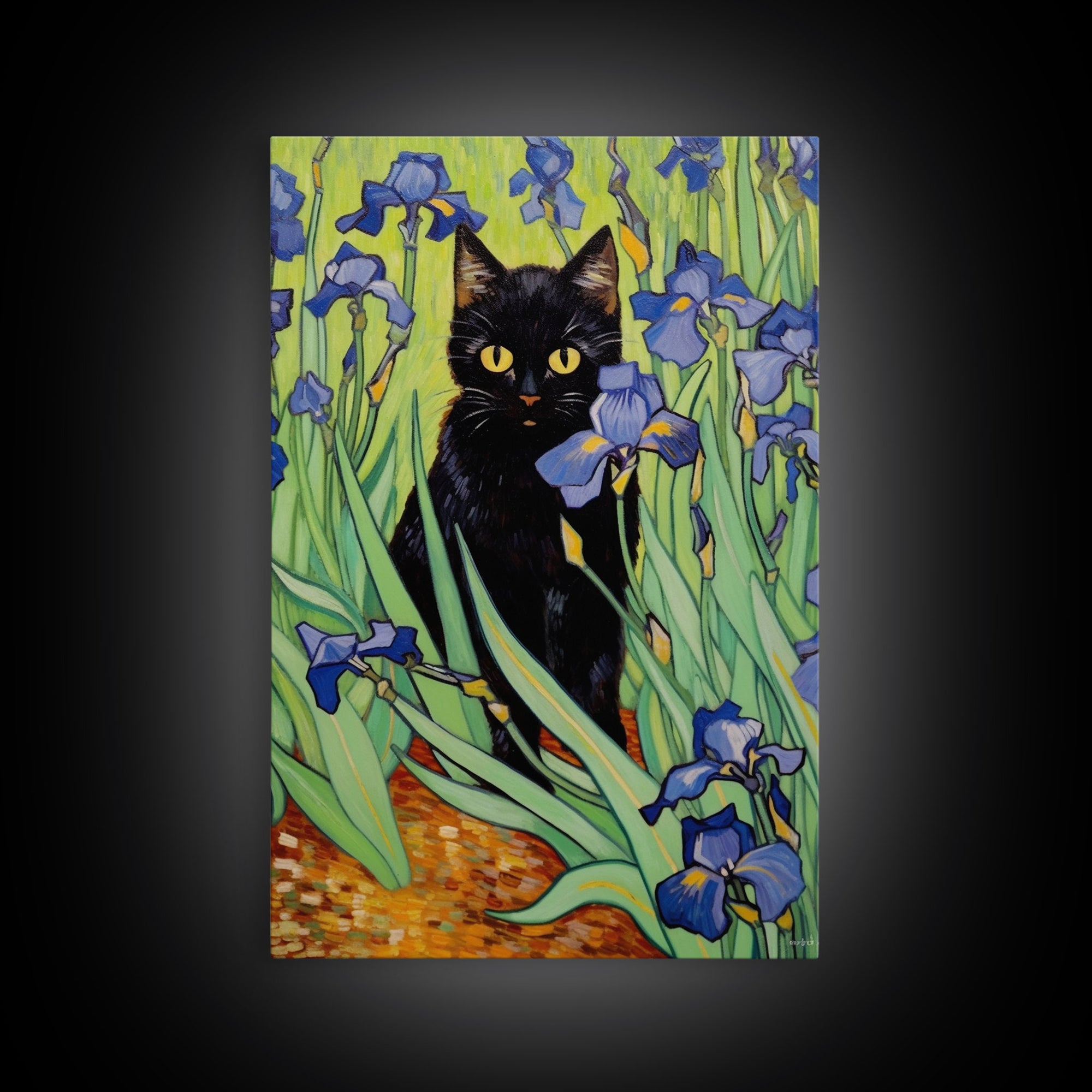 Vincent Van Gogh Inspired Irises Black Cat Wall Art, Framed Canvas Print, Poster Art, Funny Cat Print, Funny Gift, Home Decor Wall Art