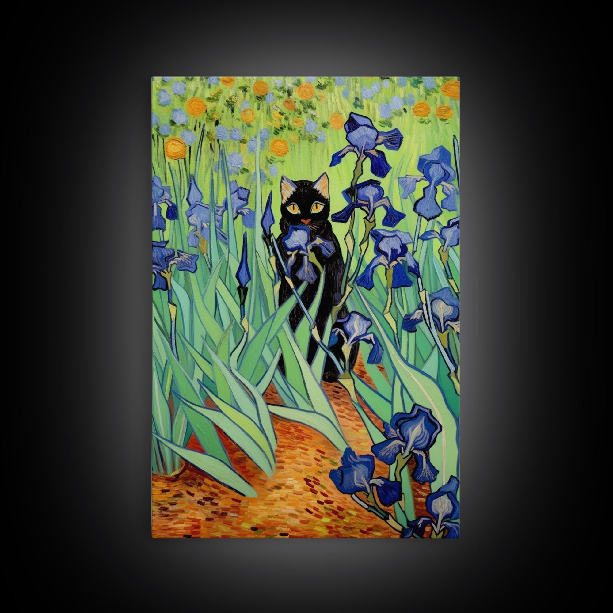 Funny Cat Print, Vincent Van Gogh Inspired Irises Black Cat Wall Art, Framed Canvas Print, Poster Art, Funny Gift, Home Decor Wall Art