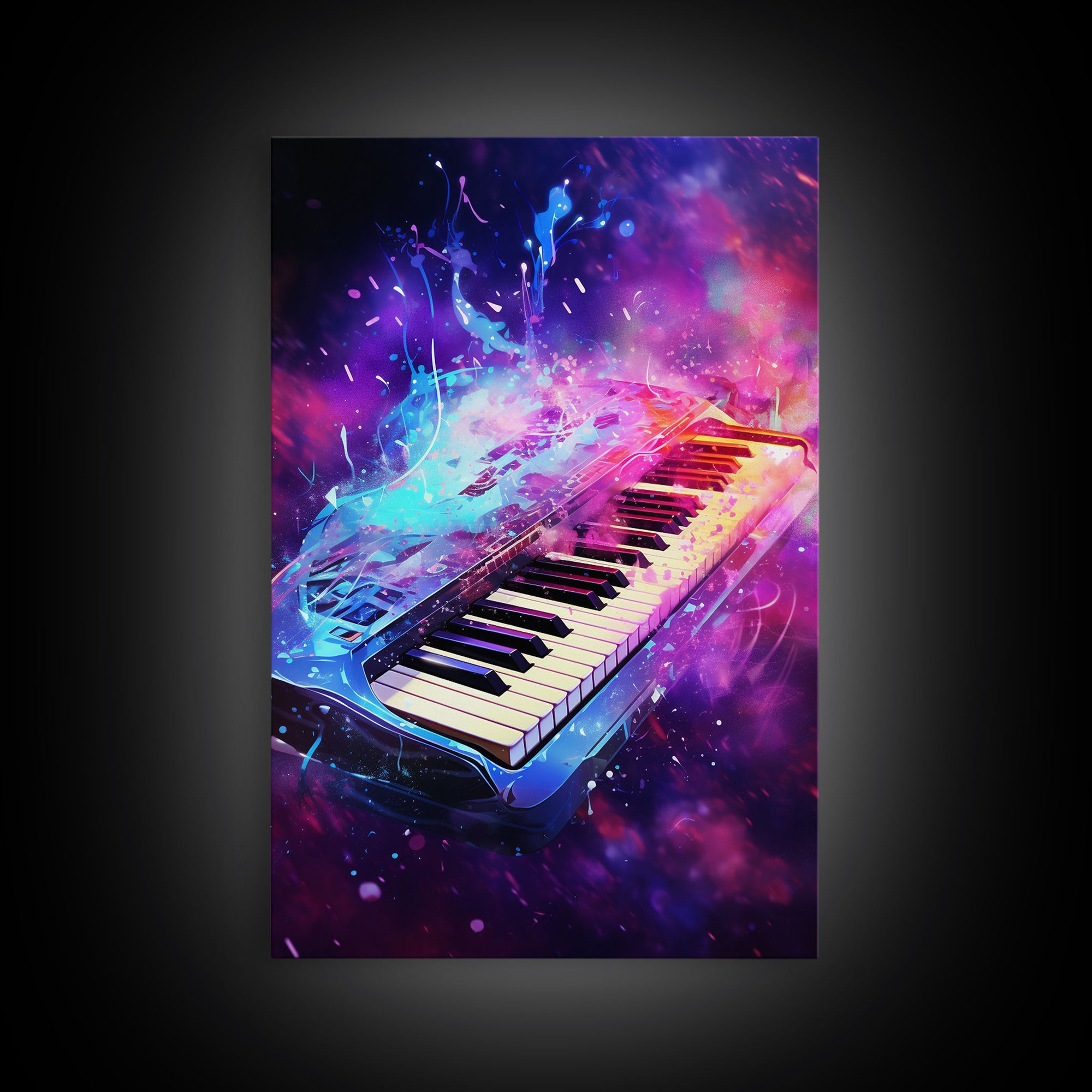 Cosmic Keyboard, Galaxy Music Art Framed Canvas Print, Electric Keyboard, Instrument Art, Studio Wall Decor