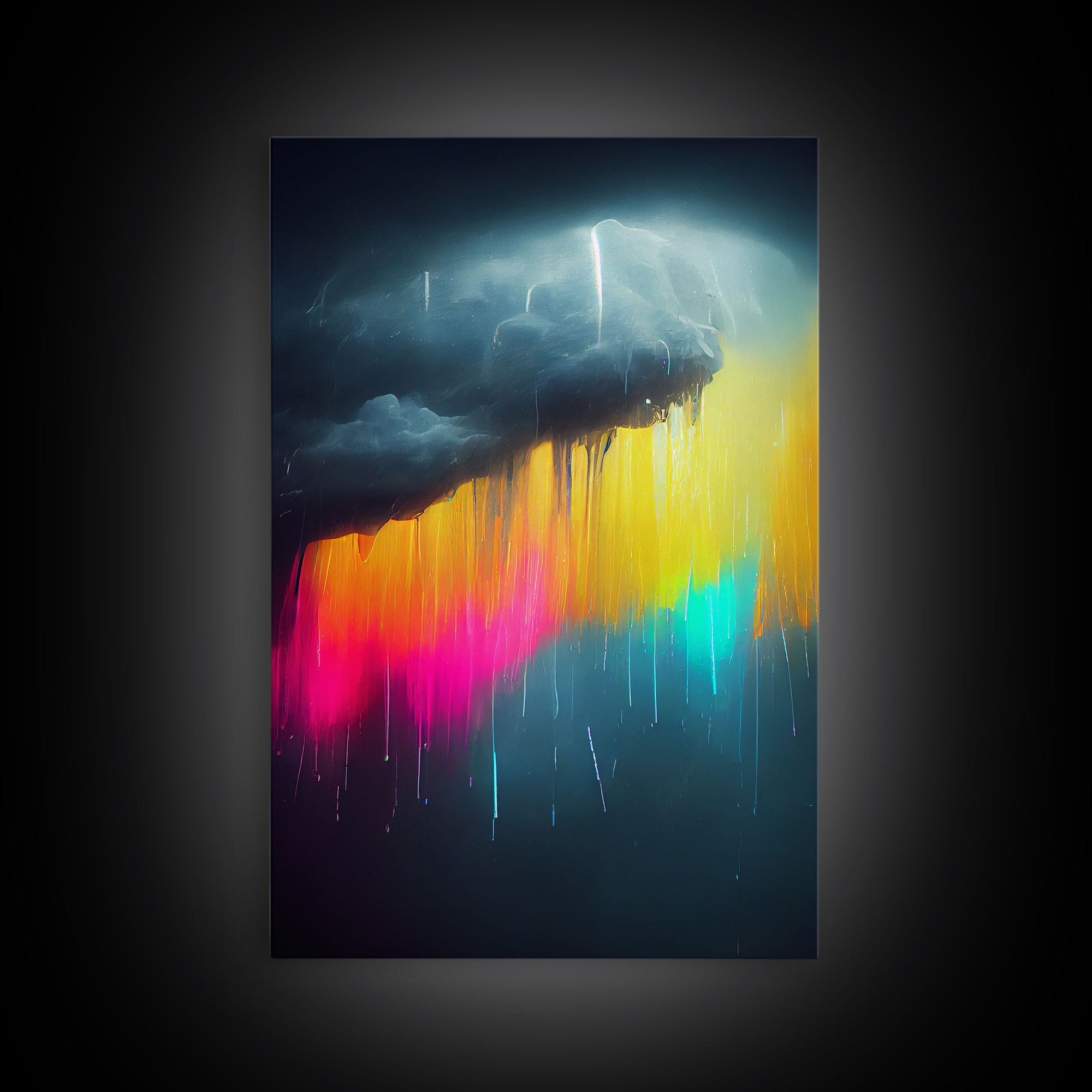 Rainbow In A Rain Cloud, Abstract Art Canvas Print, Lightning, Rain, Stormy Rainbow, Cool Wall Art, Colorful Wall Decor, Neon Rain Cloud