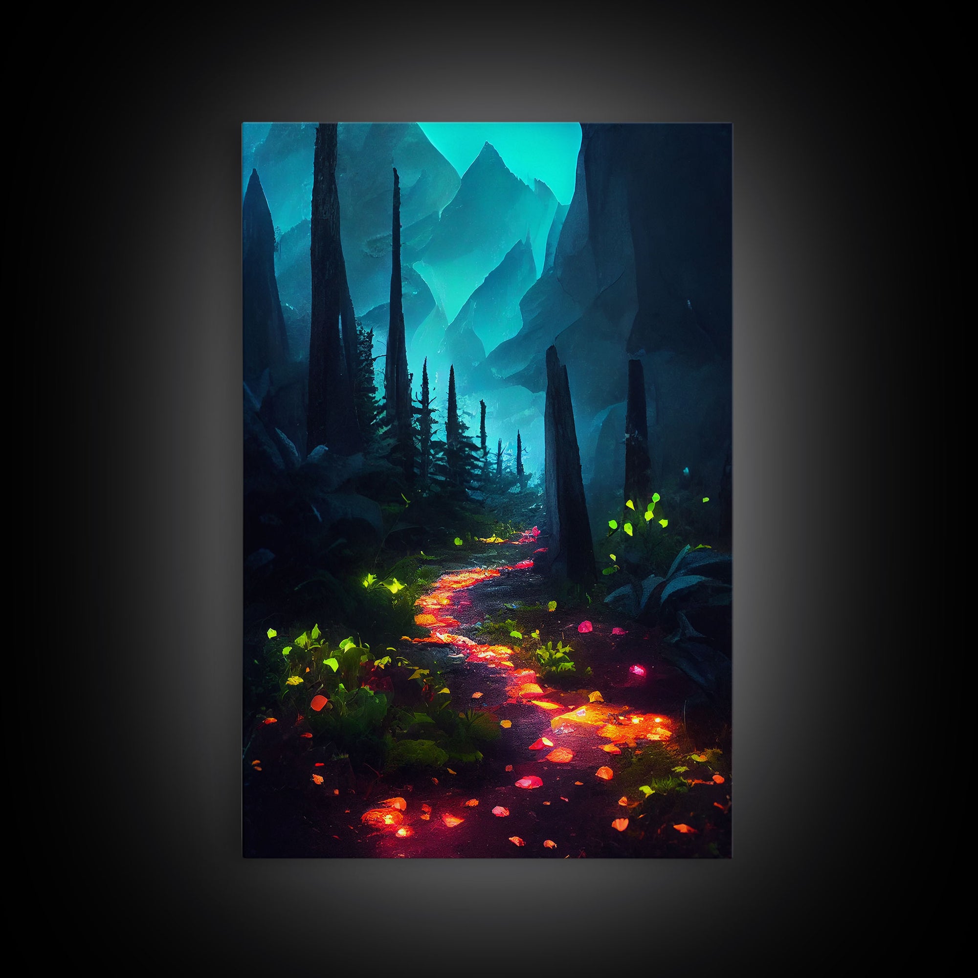 Luminescent magical forest canvas print, glowing trail though the trees, fantasy art