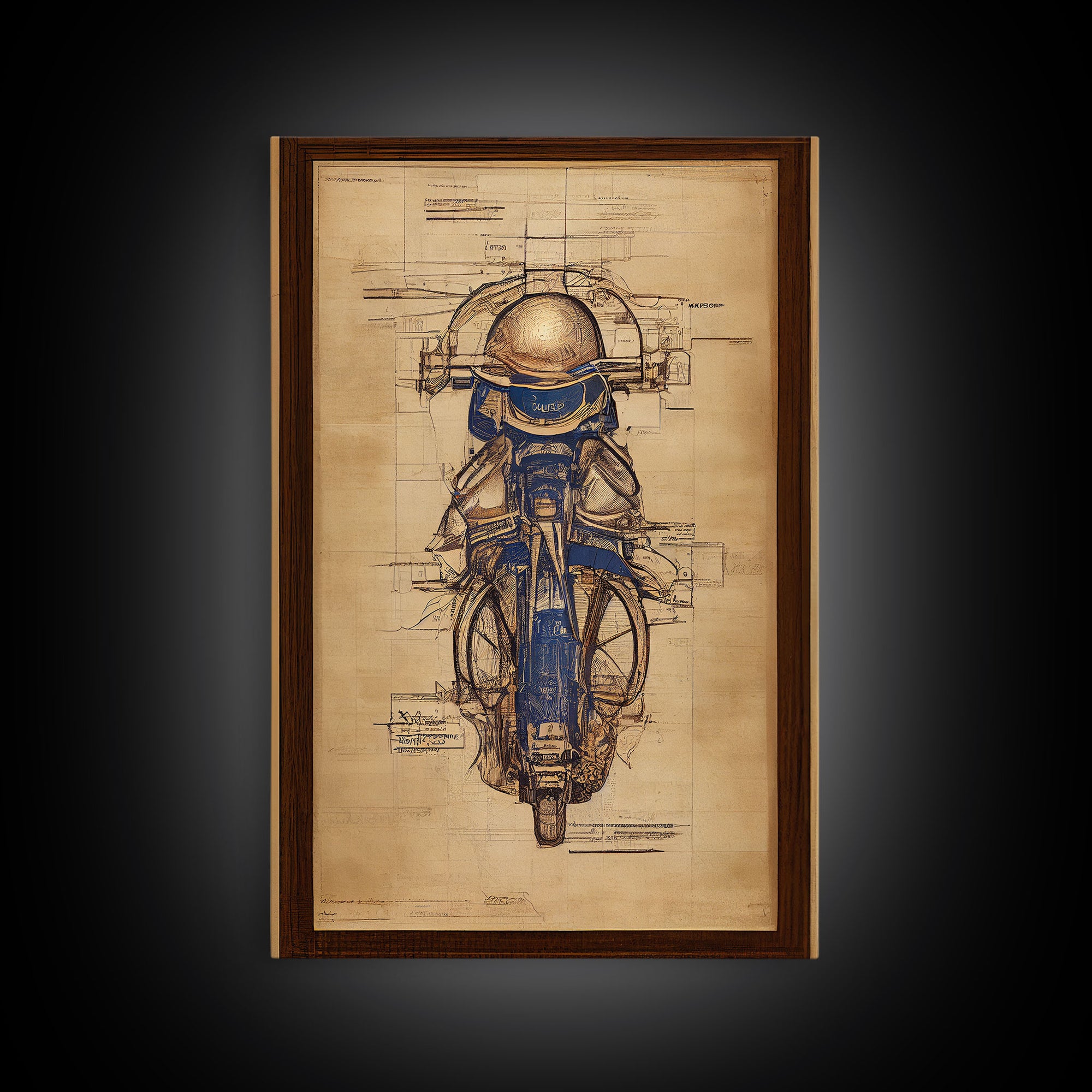 Da Vinci style steampunk motorcycle diagram, canvas print, man cave wall art, motorcycle art