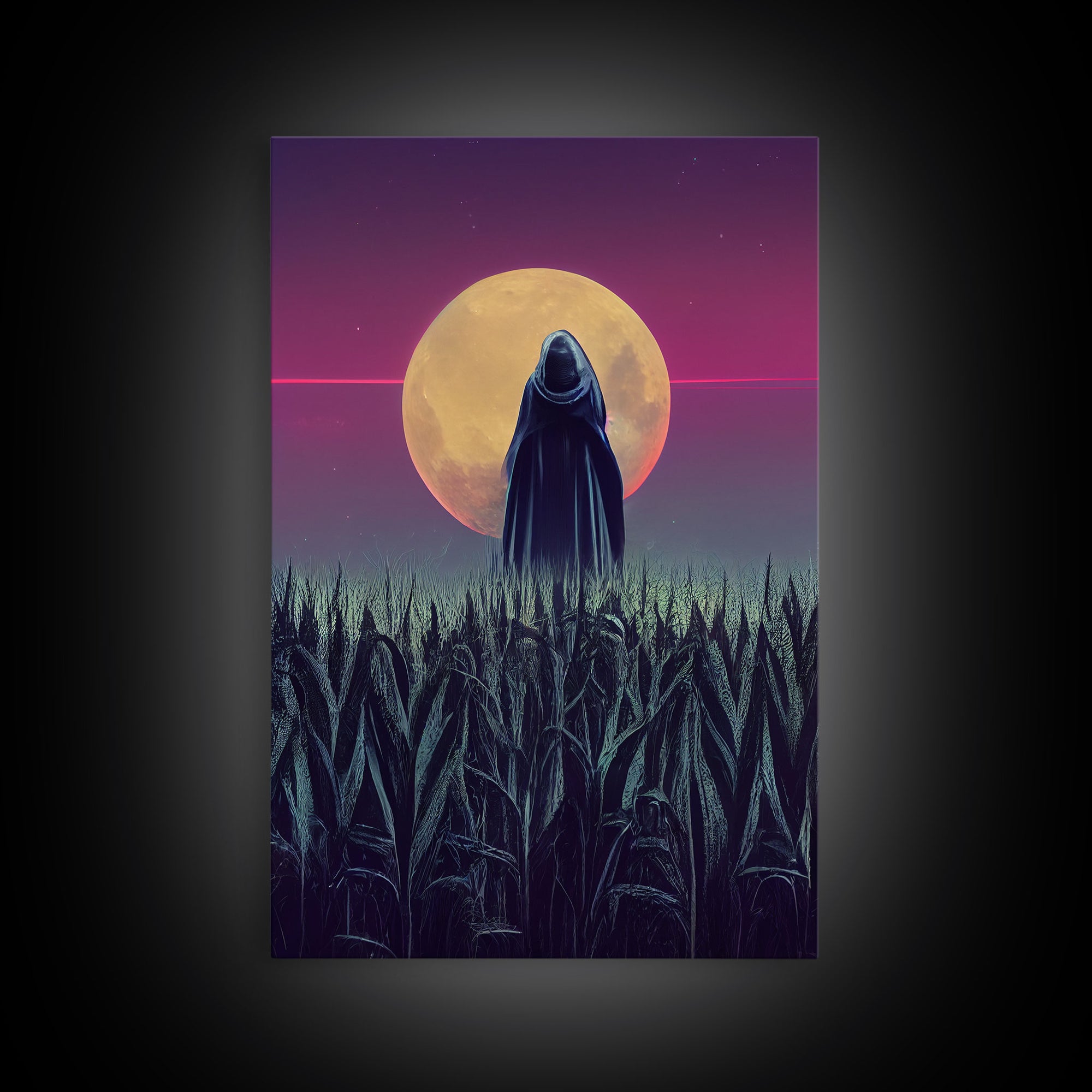 Spooky scarecrow in a corn field canvas print, full moon, Halloween art, scary art