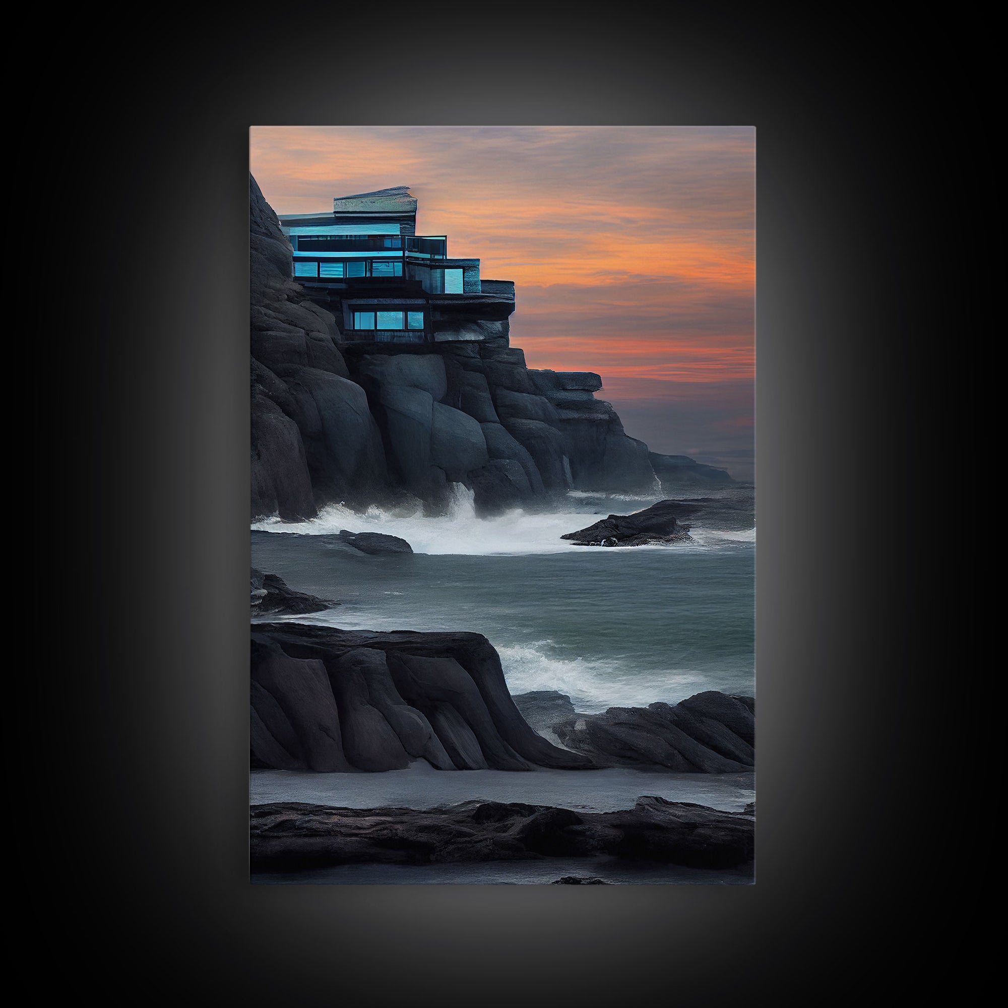 Midcentury modern house on a cliff, seaside home wall art, canvas print