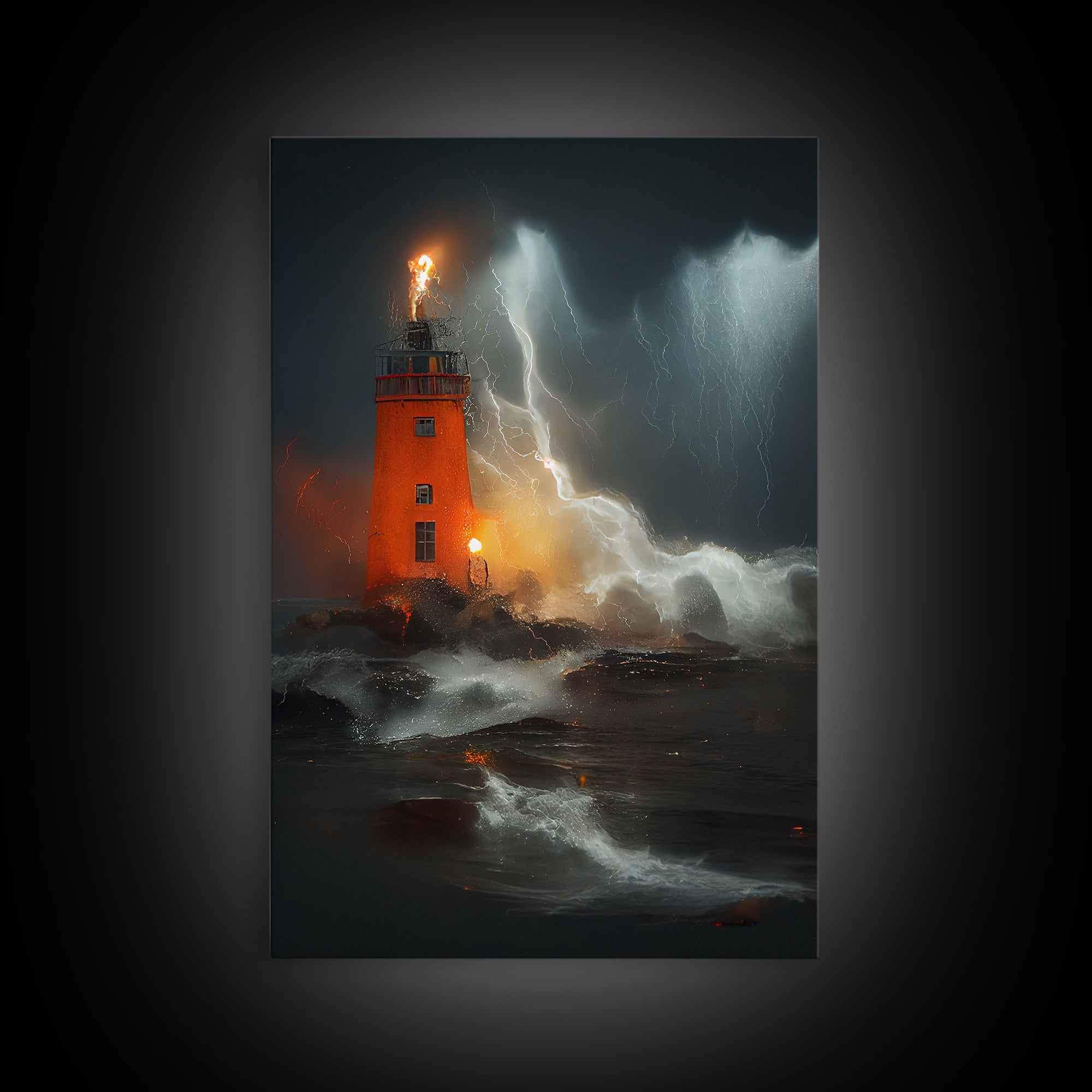 Lighthouse Oil Painting Canvas Print, Light house in a hurricane, dark stormy night, waves crashing