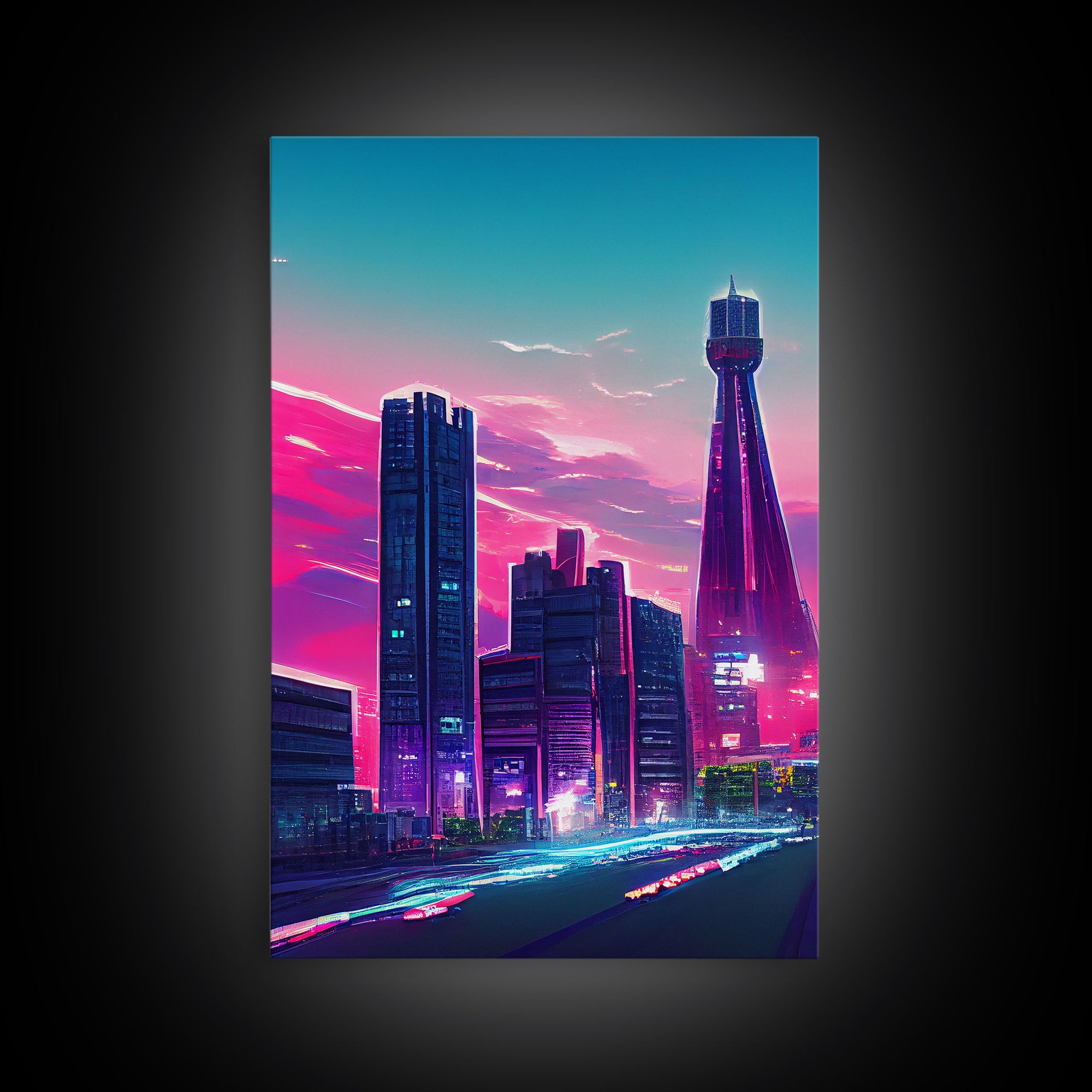 Vaporwave aesthetic wall art, cyberpunk city poster art, cool living room art, synthwave wall art, retro 80s style cyberpunk fine art print