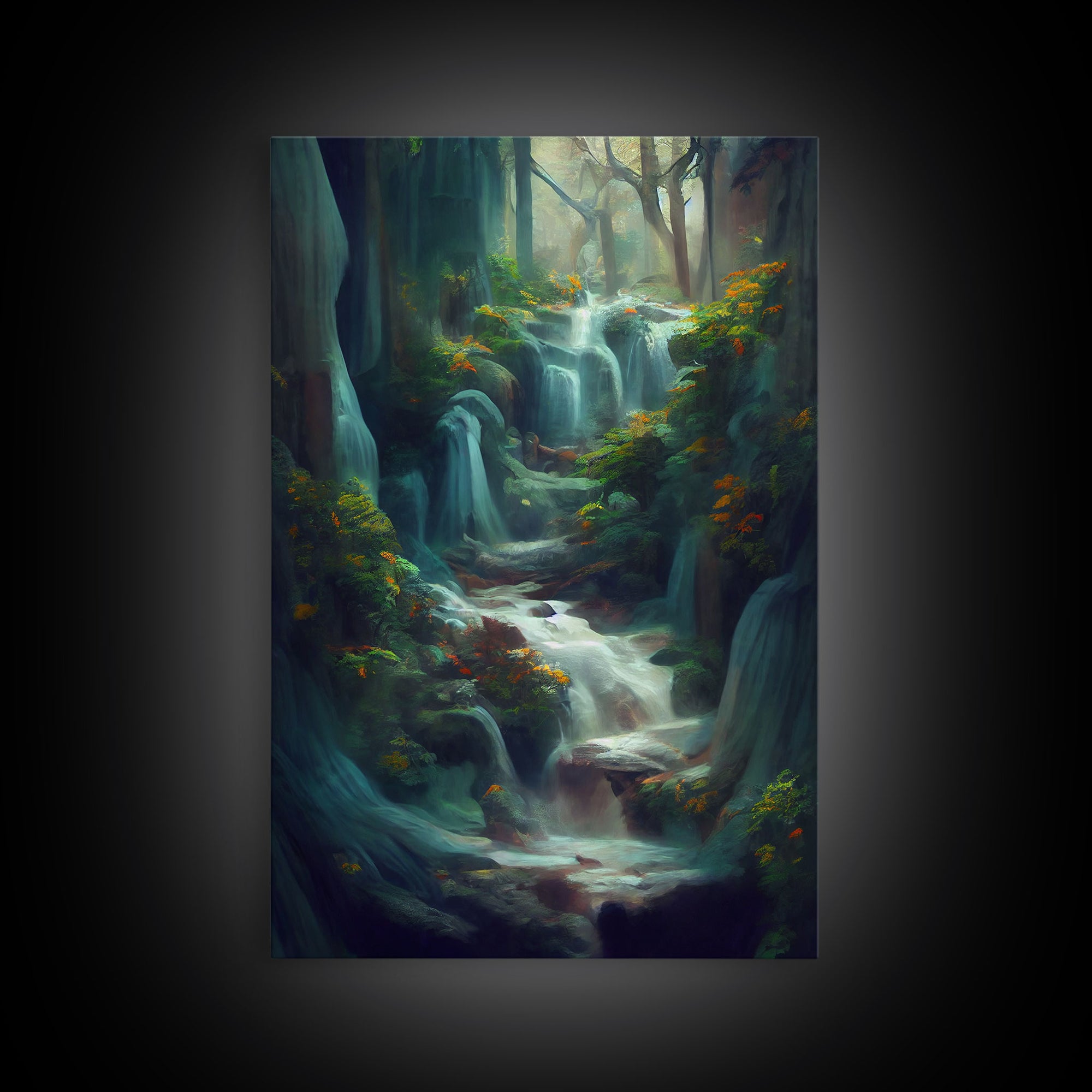 Waterfall painting canvas print, fantasy wall art, watercolor print, high fantasy, nature landscape wall art for living room