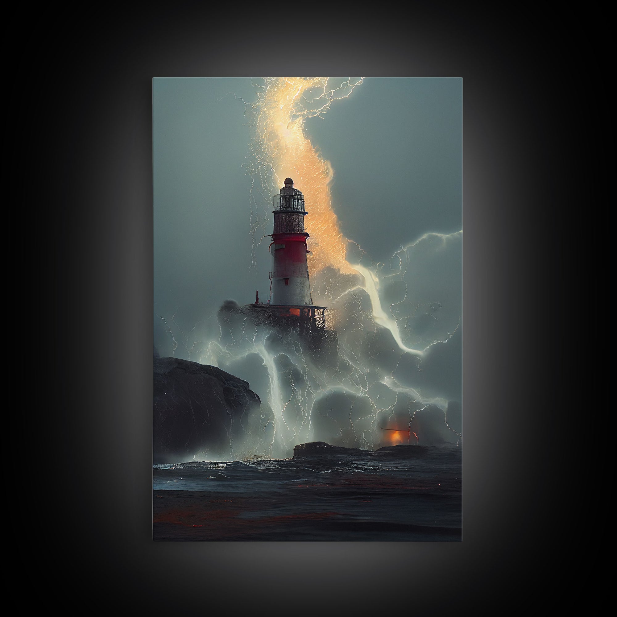 Lighthouse Oil Painting Canvas Print, Lightning striking a lighthouse during a dark stormy night, gloomy wall art