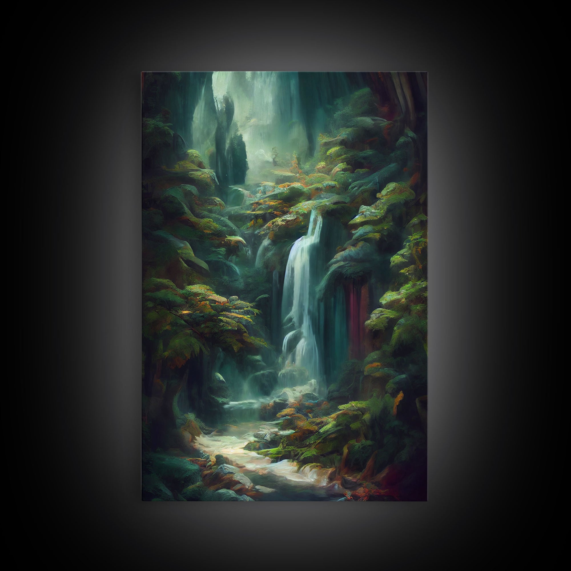 Waterfall in the forest canvas print, fantasy wall art, watercolor print, high fantasy, nature landscape living room wall art