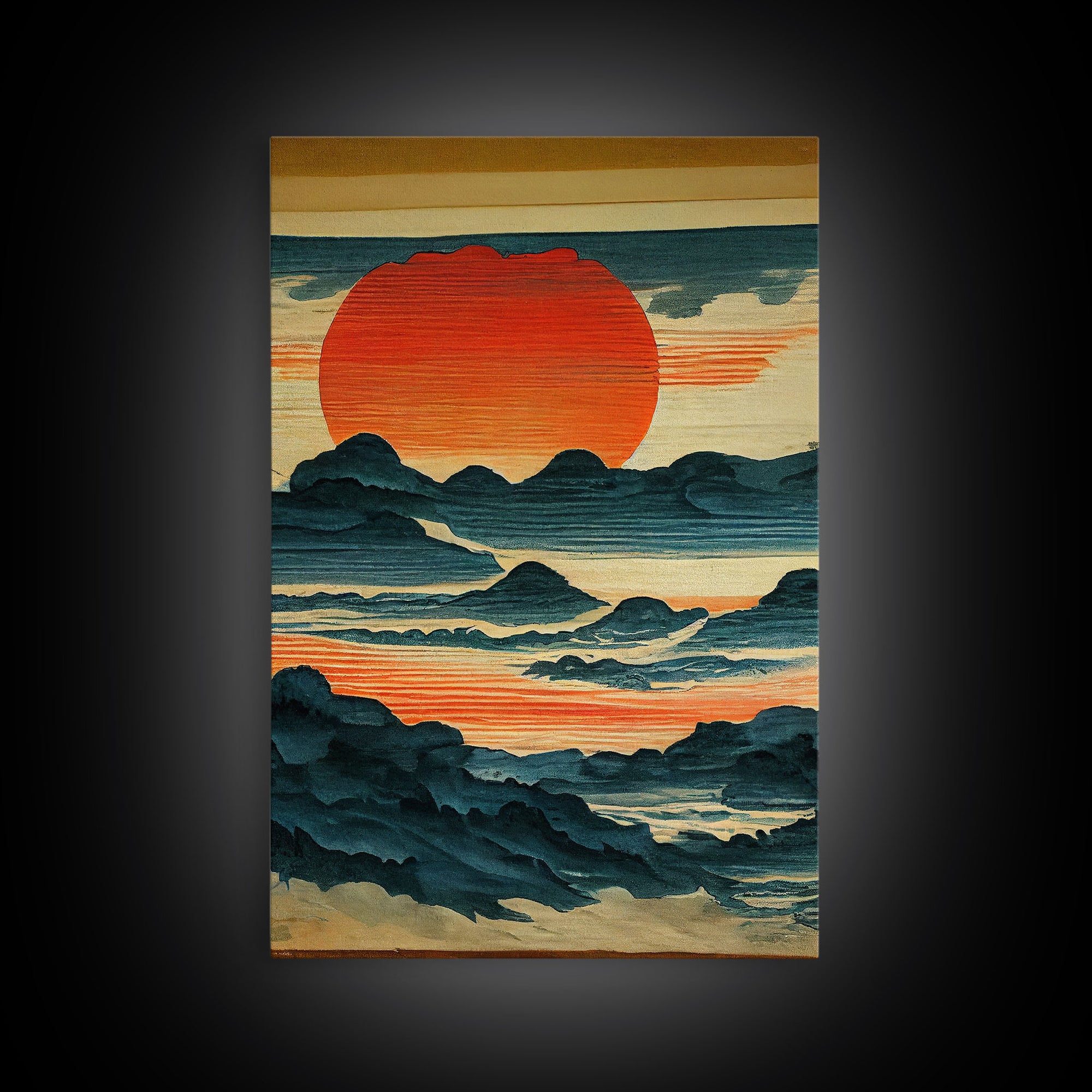 Hokusai style wall art, sunrise over the mountains, canvas print, woodblock print style art, Japanese style wall art