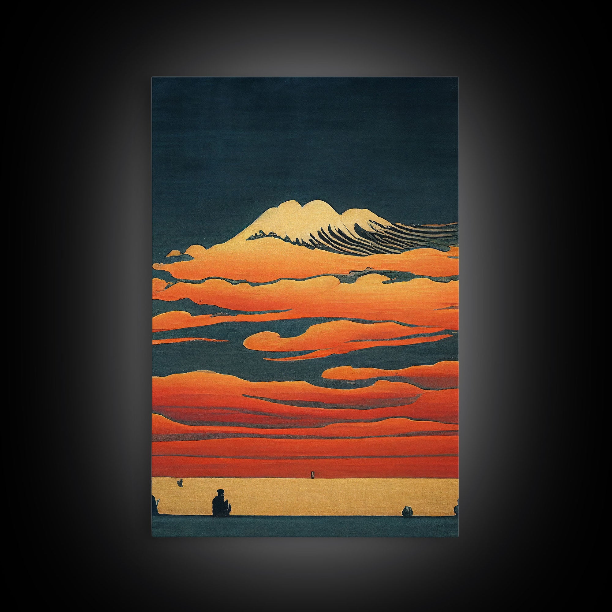 Retro Japanese style wall art, sunrise over the mountains, canvas print, woodblock print style art, Hokusai vintage style wall art