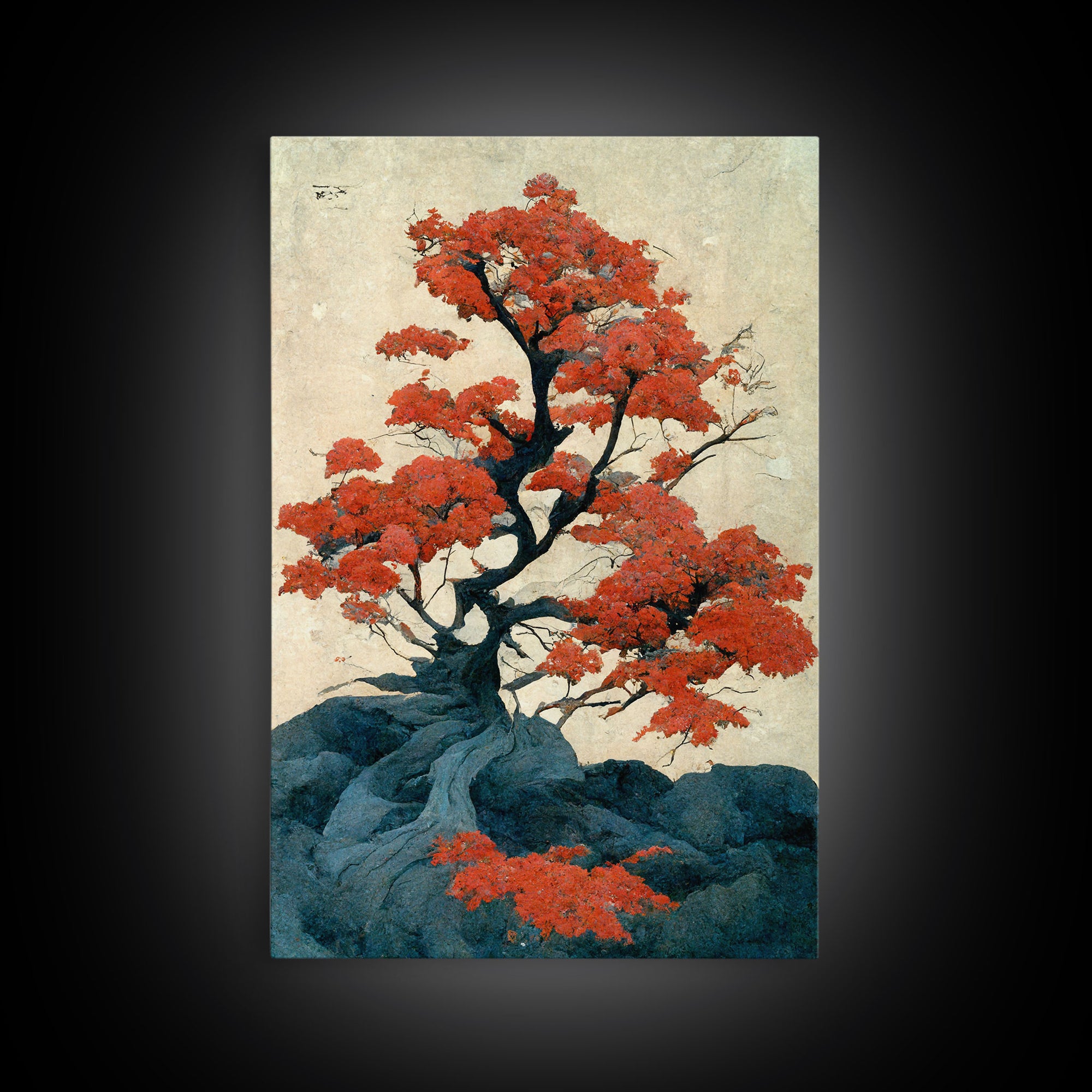 Japanese maple tree canvas print, vintage style wall art, woodblock print style wall art