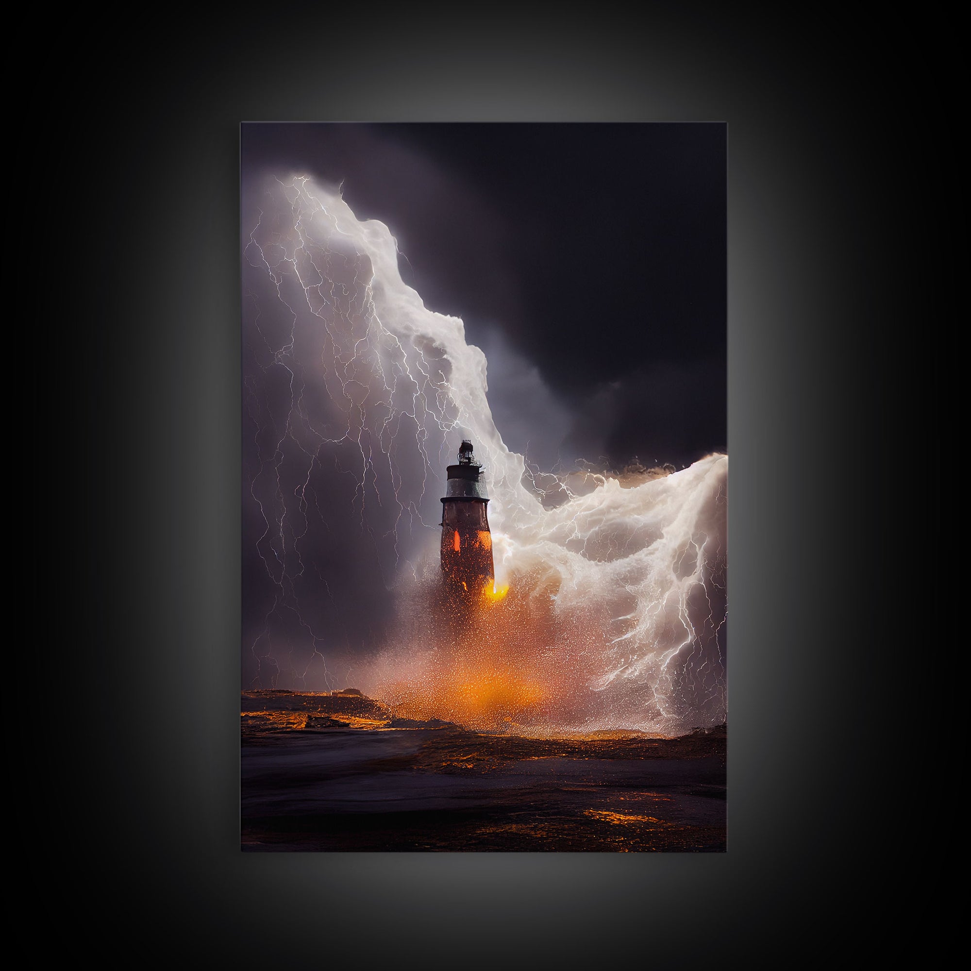 Lightning striking a burning lighthouse, canvas print, oil painting style, dark and gloomy wall art