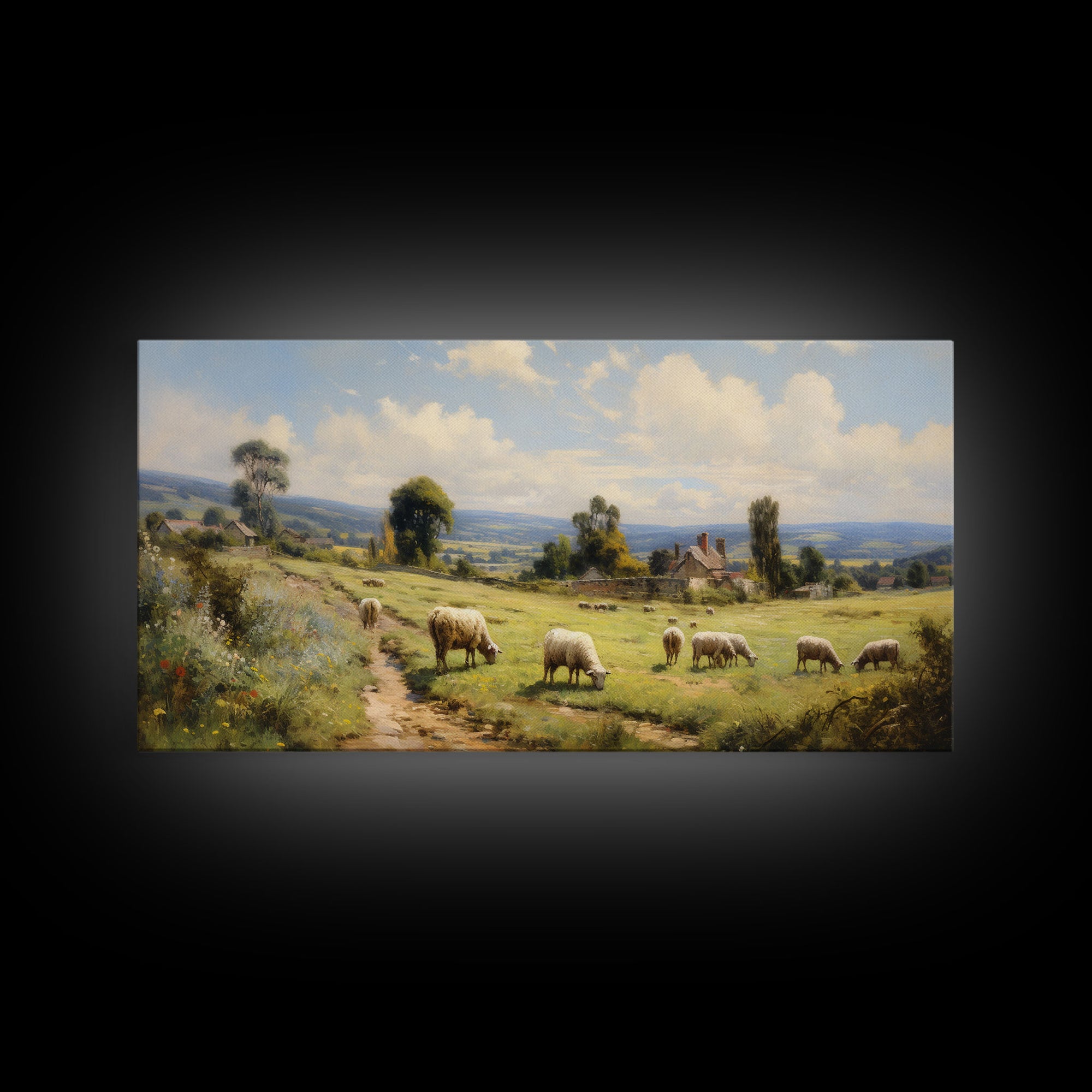 Countryside Painting, Sheep Wall Art, Farm Animals, Farm Art, Panoramic Art, Wall Art, Canvas Art, Landscape Art, Farmhouse Wall Art