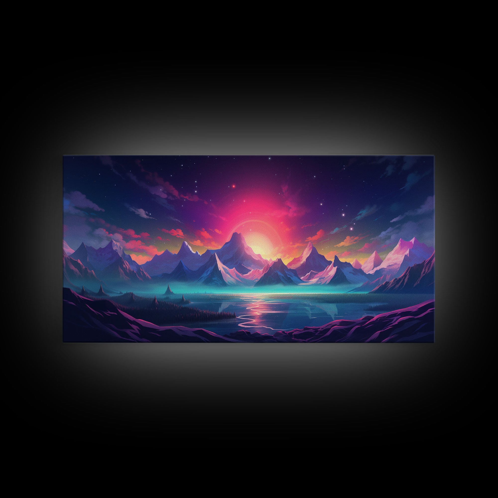 Synthwave Art, Framed Canvas Print, Beautiful Scifi Mountains Wall Art, Alien Planet, Game Room Decor, Gamer Gift For Him