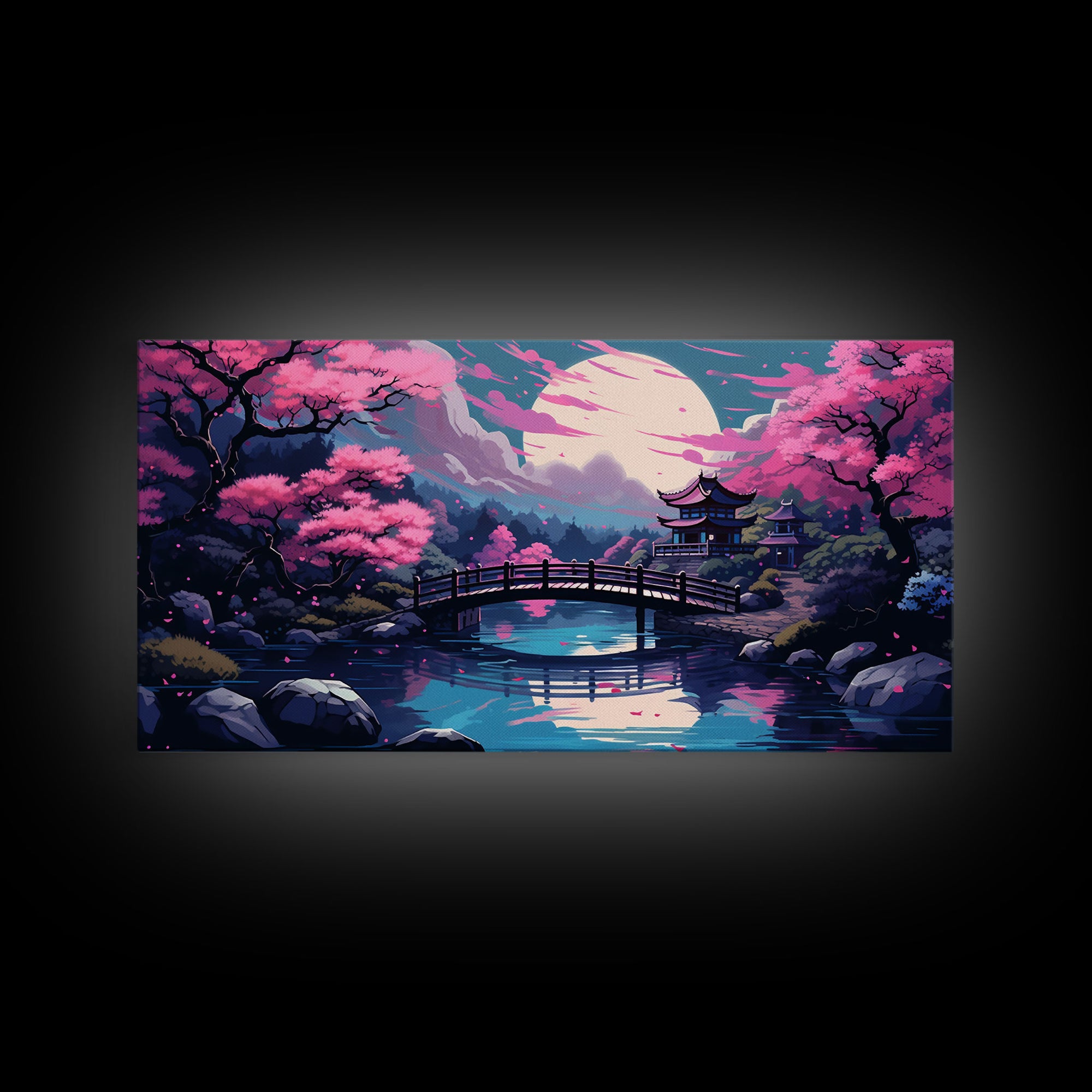 Japanese Art- Wabi Sabi Style Japanese Synthwave Pagoda, Game Room Art, Framed Canvas Print, Framed Art, Framed Painting, Retro Aesthetic