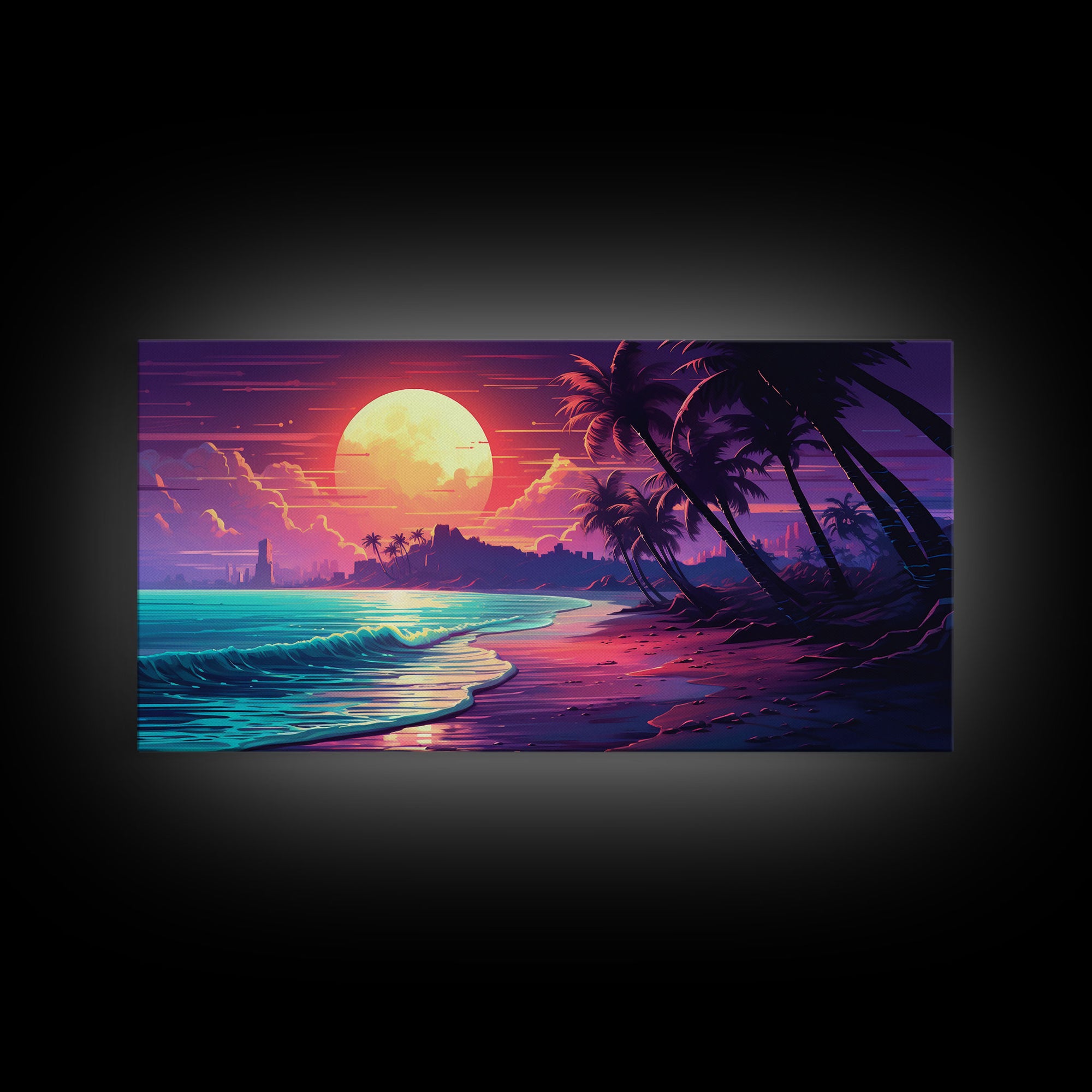 Outrun Vibes, Sunset Over The City and Beach, Palm Tree Decor, Game Room Art, Aesthetic Posters, Retro Art, 80s Vibes, 80s Art